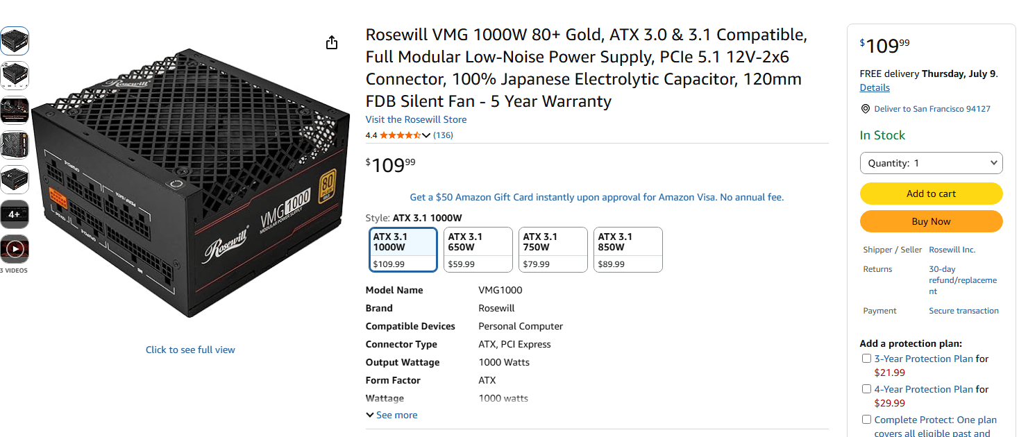Rosewill VMG1000 1000W 80+ Gold Fully Modular ATX 3.1 PCIe 5.1 PSU - Brand New Sealed