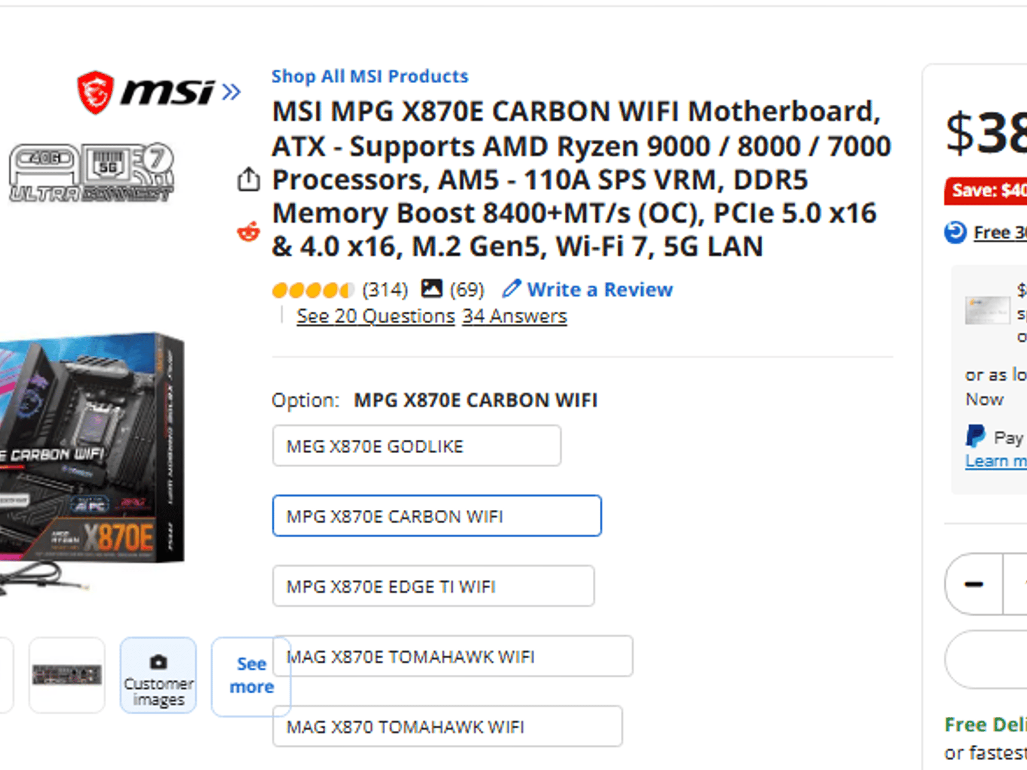 NEW MSI MPG X870E CARBON WIFI AM5 Motherboard | Ryzen 9000 Ready | WiFi 7 | USB4 | PCIe 5.0