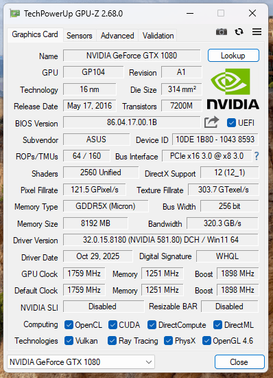 ASUS ROG STRIX GTX 1080 O8G GAMING GTX 1080 w/8GB GDDR5X
