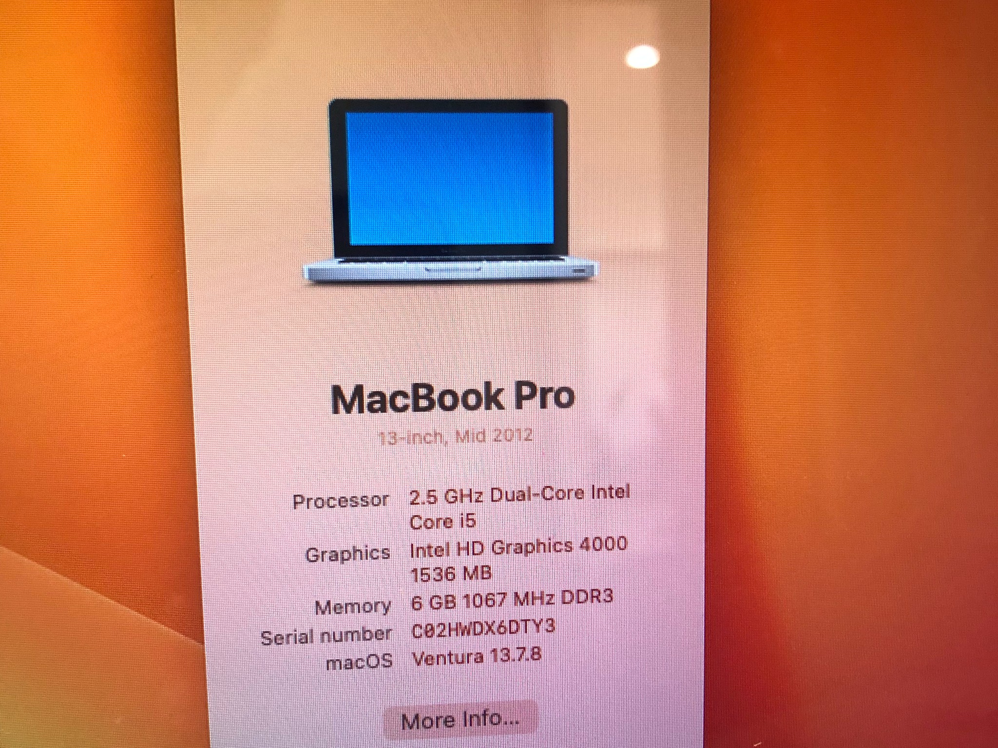 Apple MacBook Pro 13" 2012 | Intel i5 2.5GHz | 6GB RAM | 128GB SSD | Ventura (OCLP) + Charger