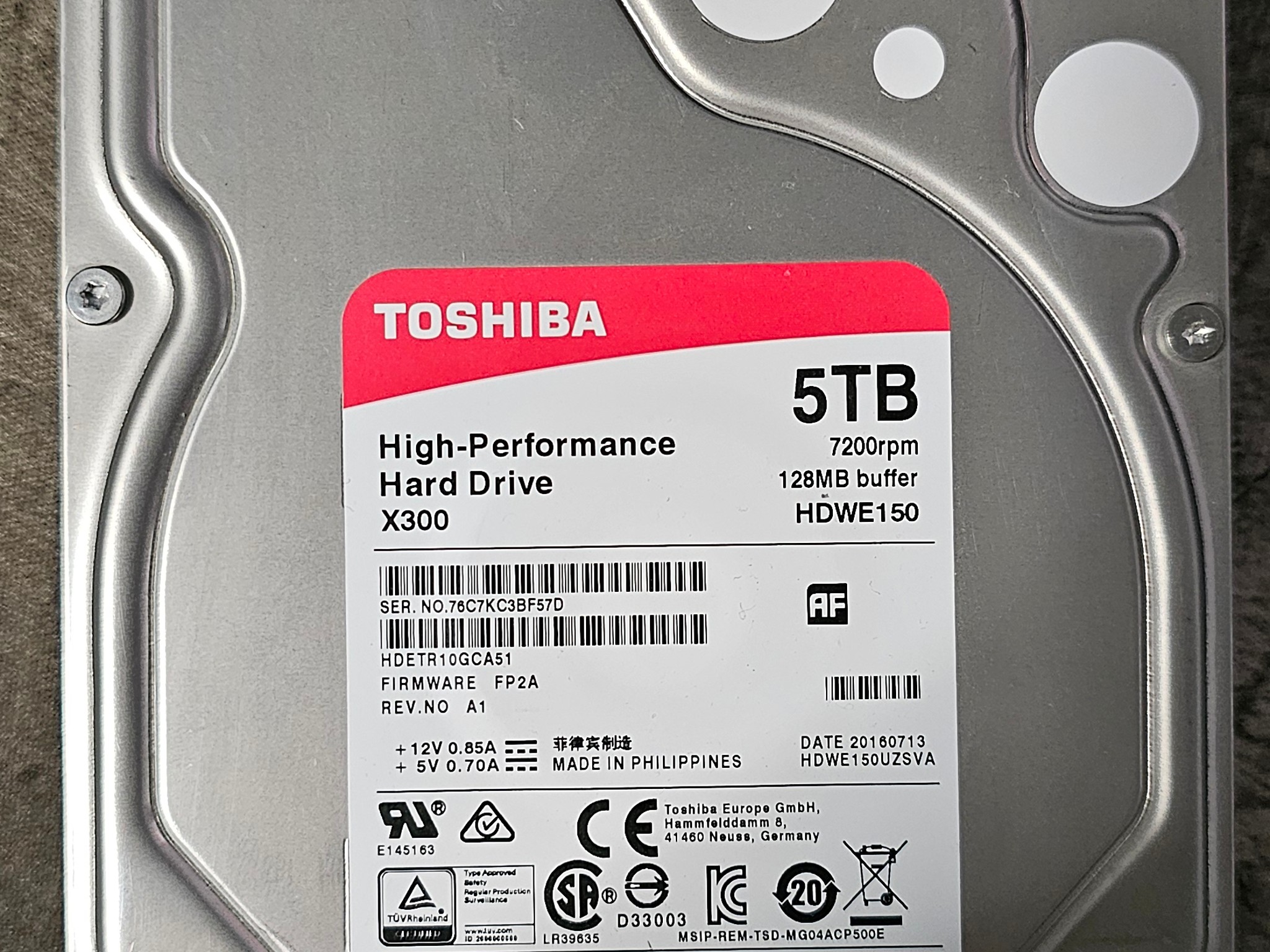 Toshiba X300 5TB SATAIII 3.5" 7200RPM HDD (SATA Power Connector Repaired - Refer To Pictures)