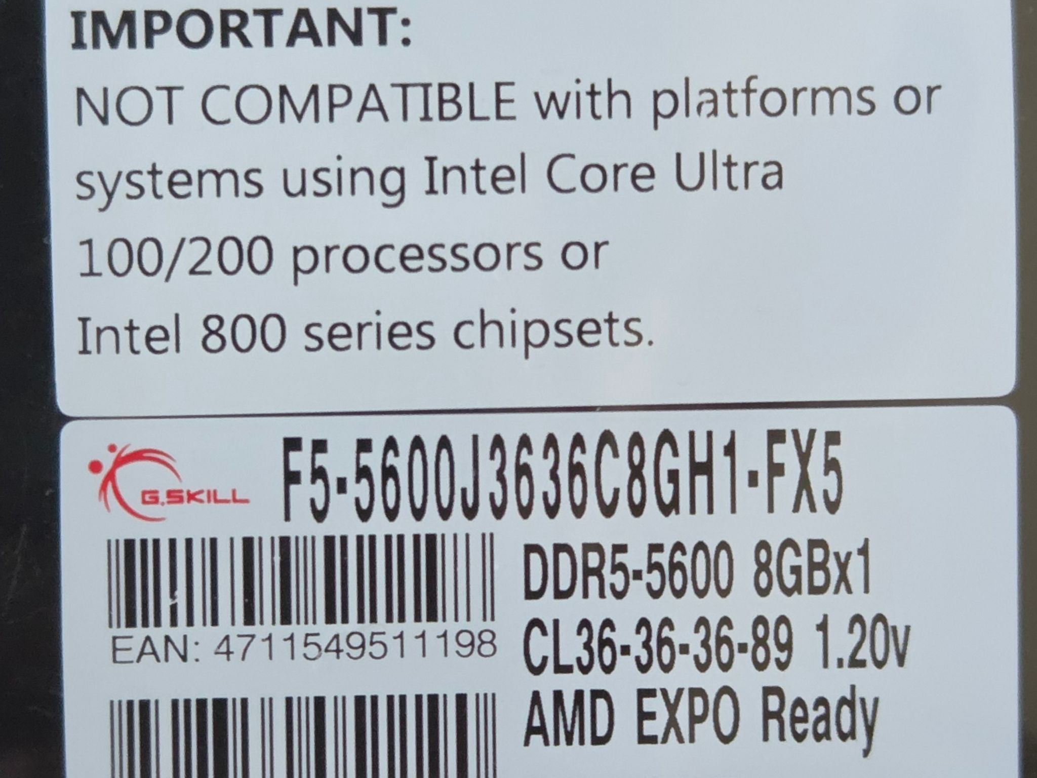 G.Skill Flare X5 Series AMD EXPO DDR5 RAM 8GB (1 x 8GB) 5600MT/s CL36-36-36-89