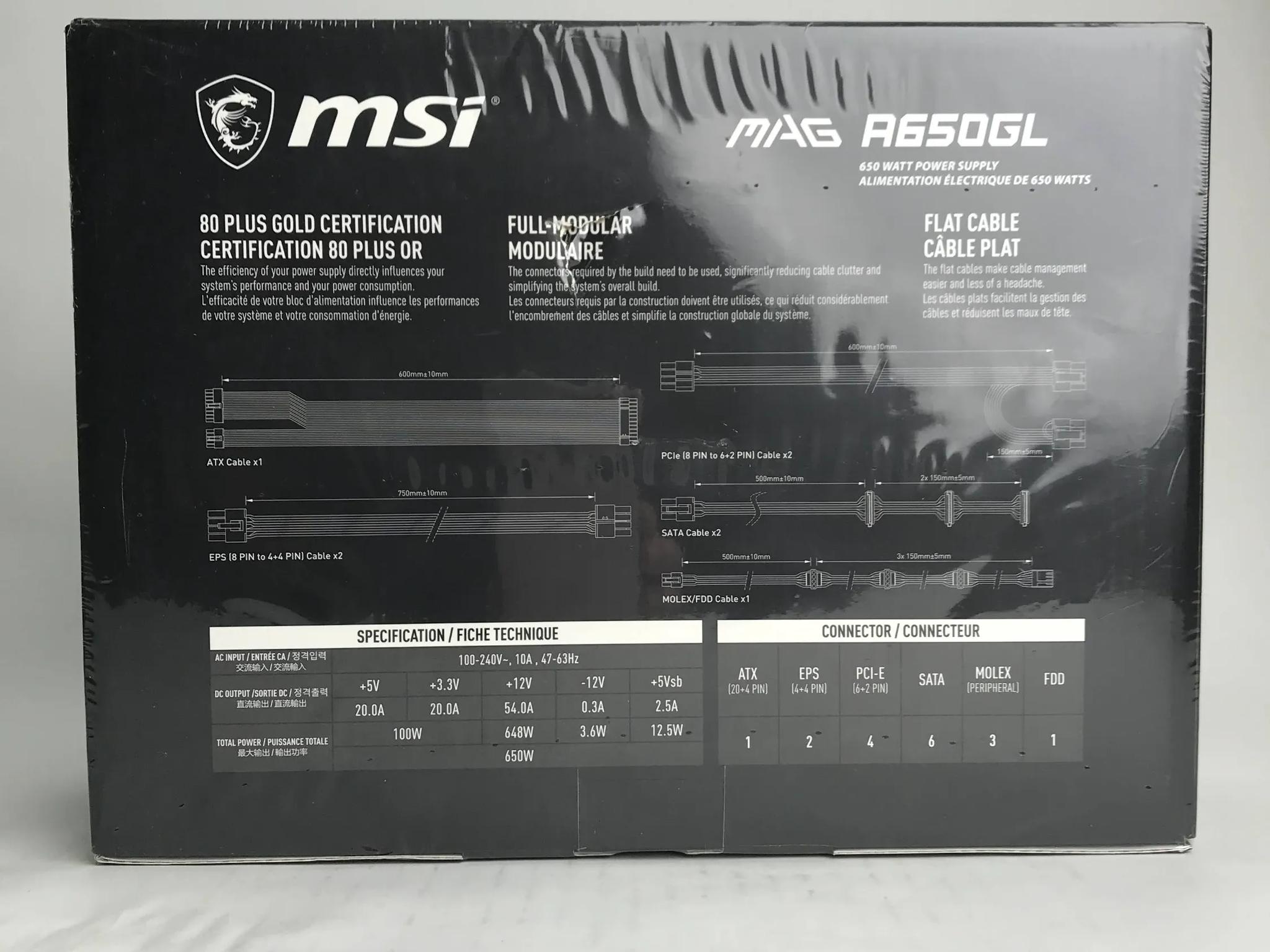 MSI 650W MAG A650GL 80+ Gold ATX Fully-Modular Power Supply PSU