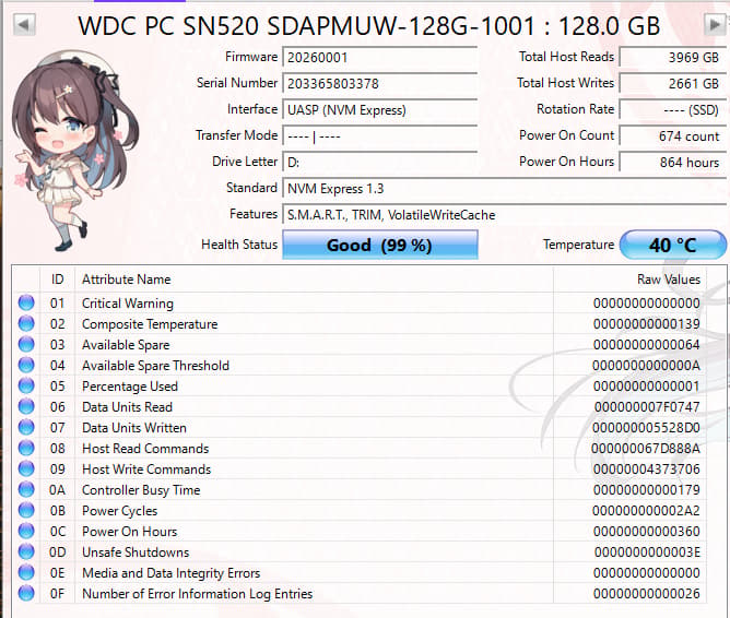 WD SN520 128GB NVMe SSD Tested Working 99% Health Low Hours