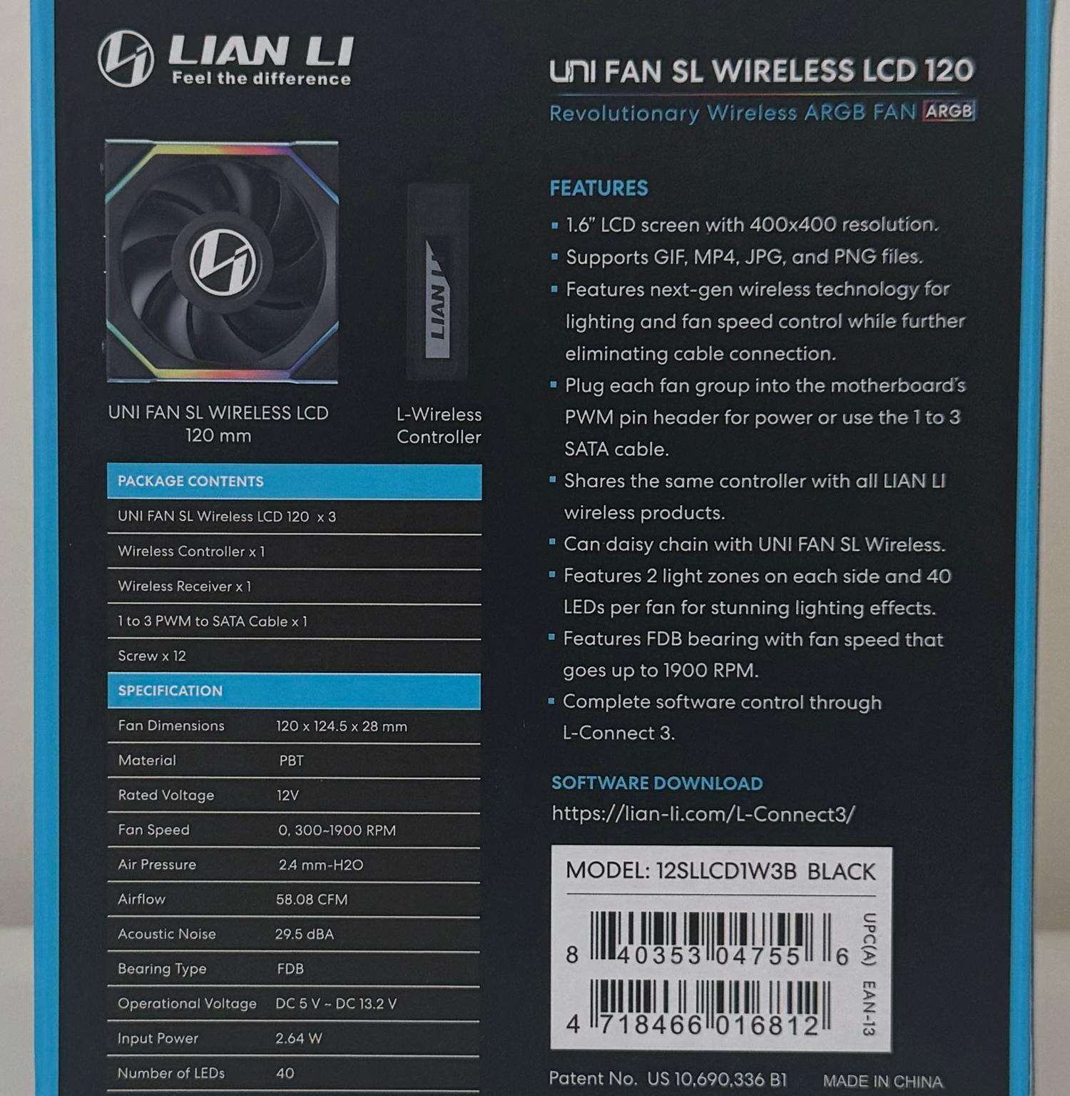 New Lian Li UNI Fan SL LCD Wireless 120mm ARGB Fan - Triple Pack - 1.6" LCD Black (12SLLCD1W3B)