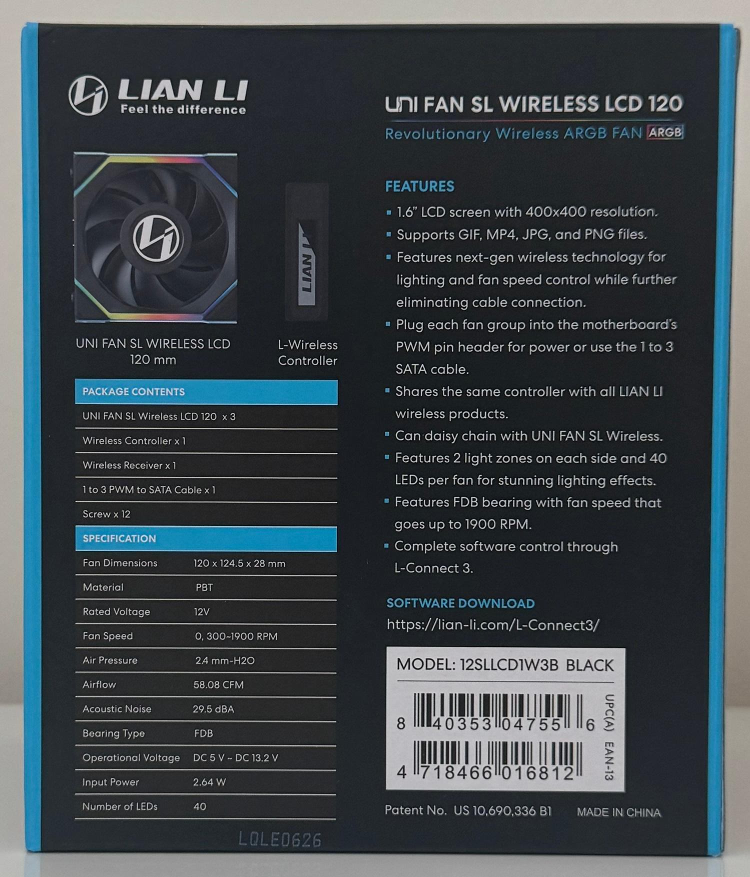 New Lian Li UNI Fan SL LCD Wireless 120mm ARGB Fan - Triple Pack - 1.6" LCD Black (12SLLCD1W3B)