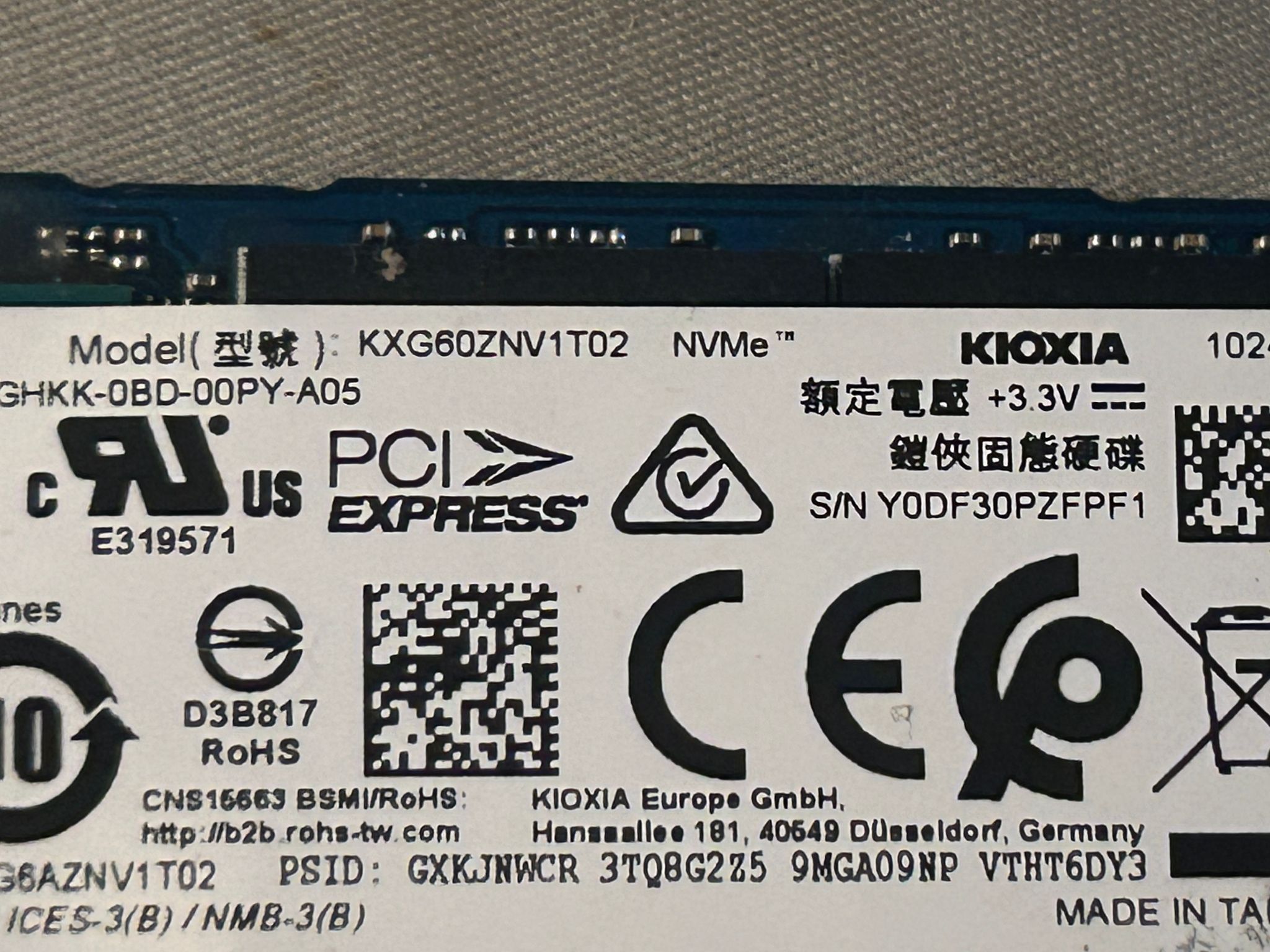 Kioxia 1TB NVMe M.2 2280 PCIe 3.0 x4 Solid State Drive KXG60ZNV1T02