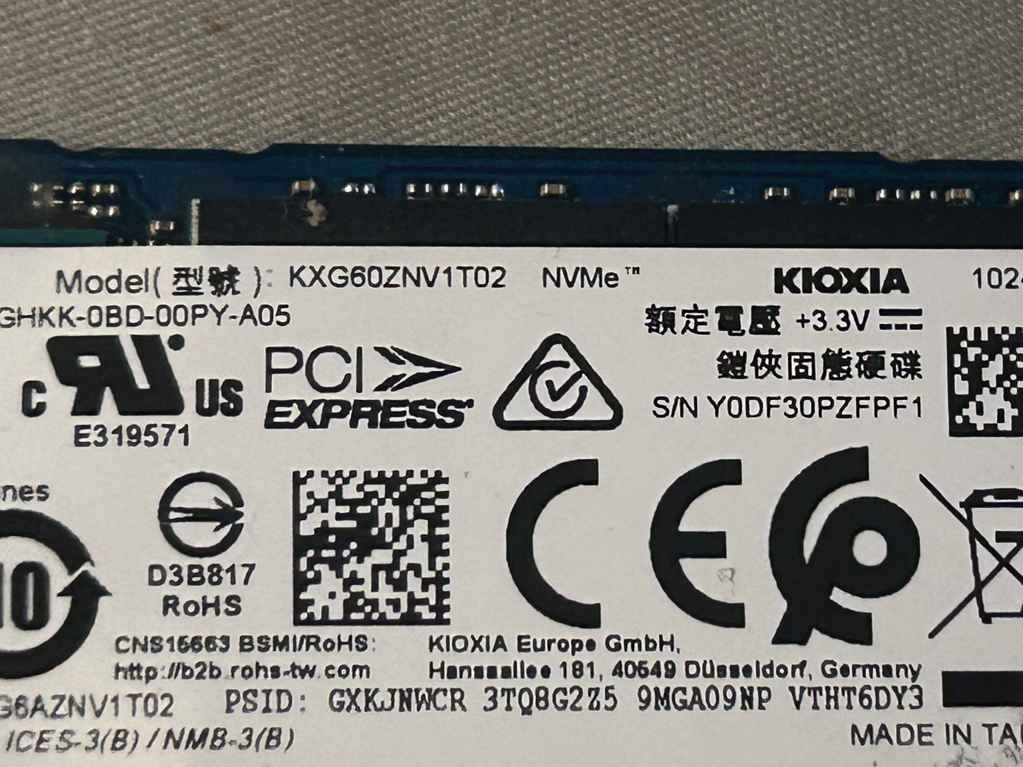 Kioxia 1TB NVMe M.2 2280 PCIe 3.0 x4 Solid State Drive KXG60ZNV1T02