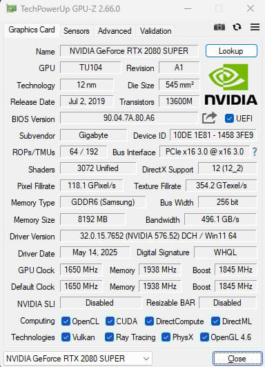 RTX 2080 Super Gigabyte OC