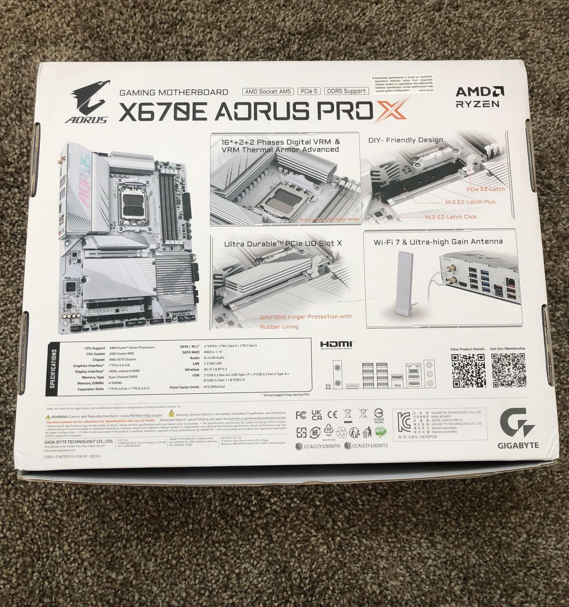 GIGABYTE X670E AORUS PRO X AM5 Motherboard/DDR5/Quad M.2/ PCIe 5.0/ USB 3.2 Gen2X2 Type-C/WiFi 7