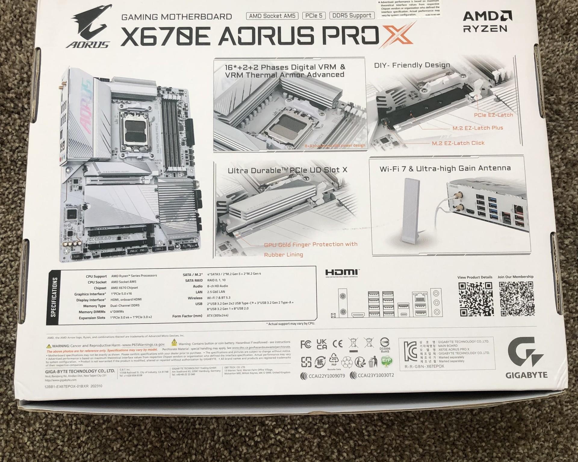 GIGABYTE X670E AORUS PRO X AM5 Motherboard/DDR5/Quad M.2/ PCIe 5.0/ USB 3.2 Gen2X2 Type-C/WiFi 7