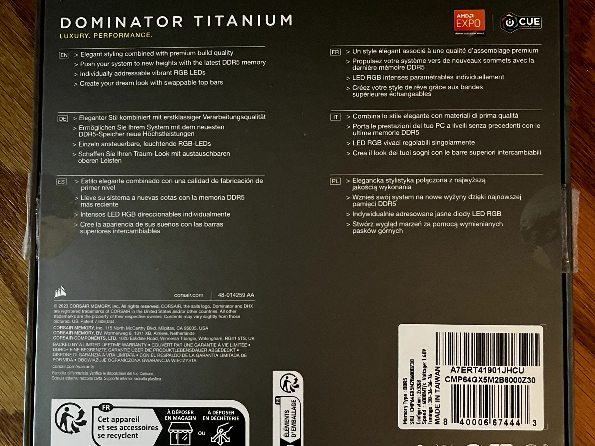 Corsair Dominator Titanium DDR5 64G @6000MT/sec 2x32G AMD Expo
