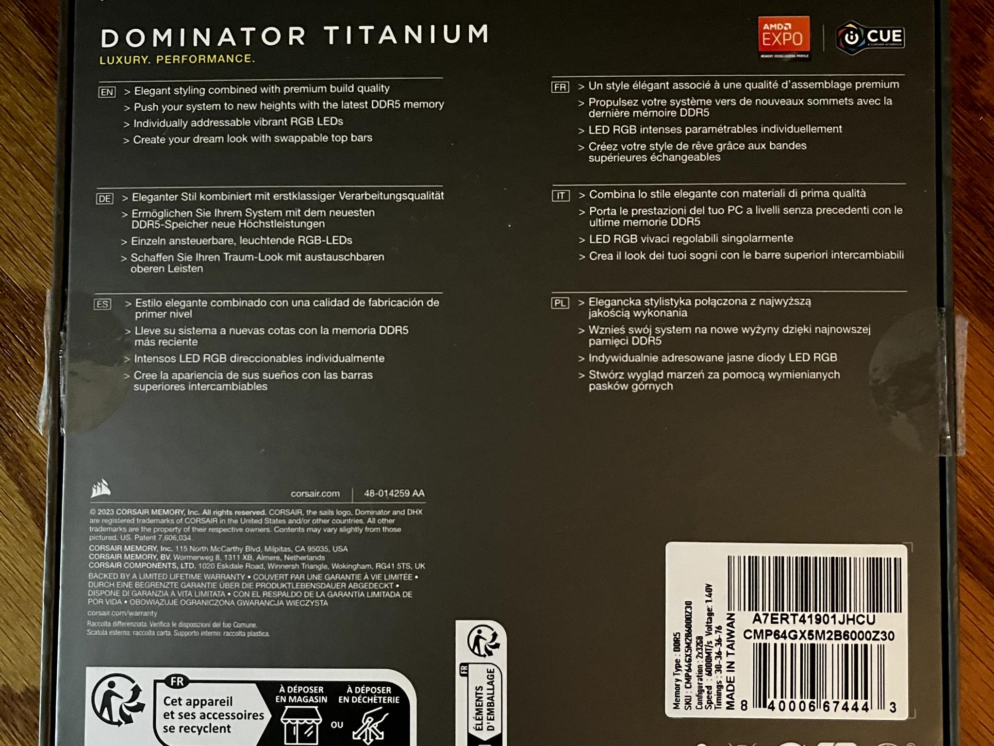 Corsair Dominator Titanium DDR5 64G @6000MT/sec 2x32G AMD Expo