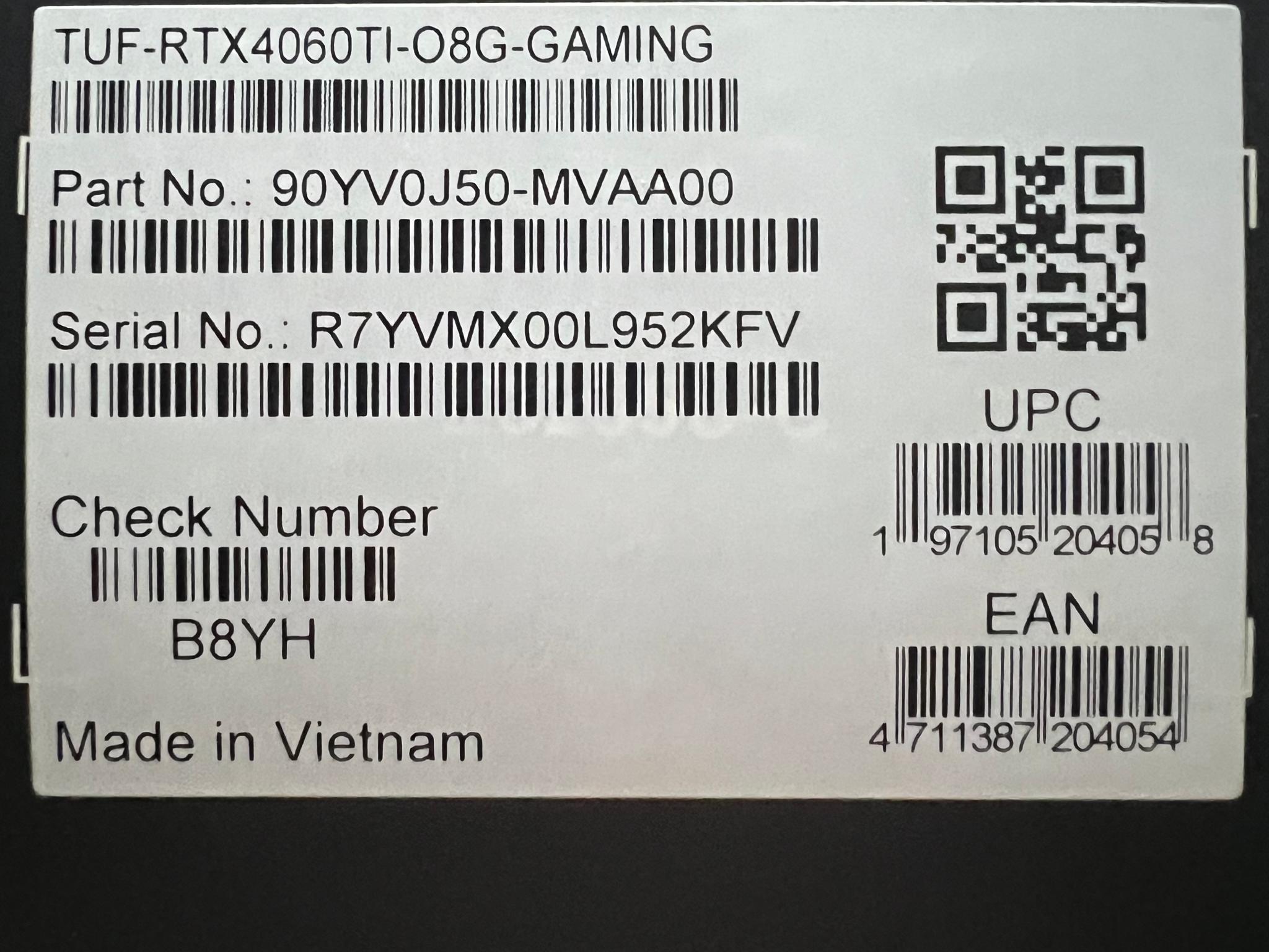 ASUS TUF Gaming GeForce RTX 4060 Ti OC 8GB RGB Ray Tracing GPU-Original Box inc.