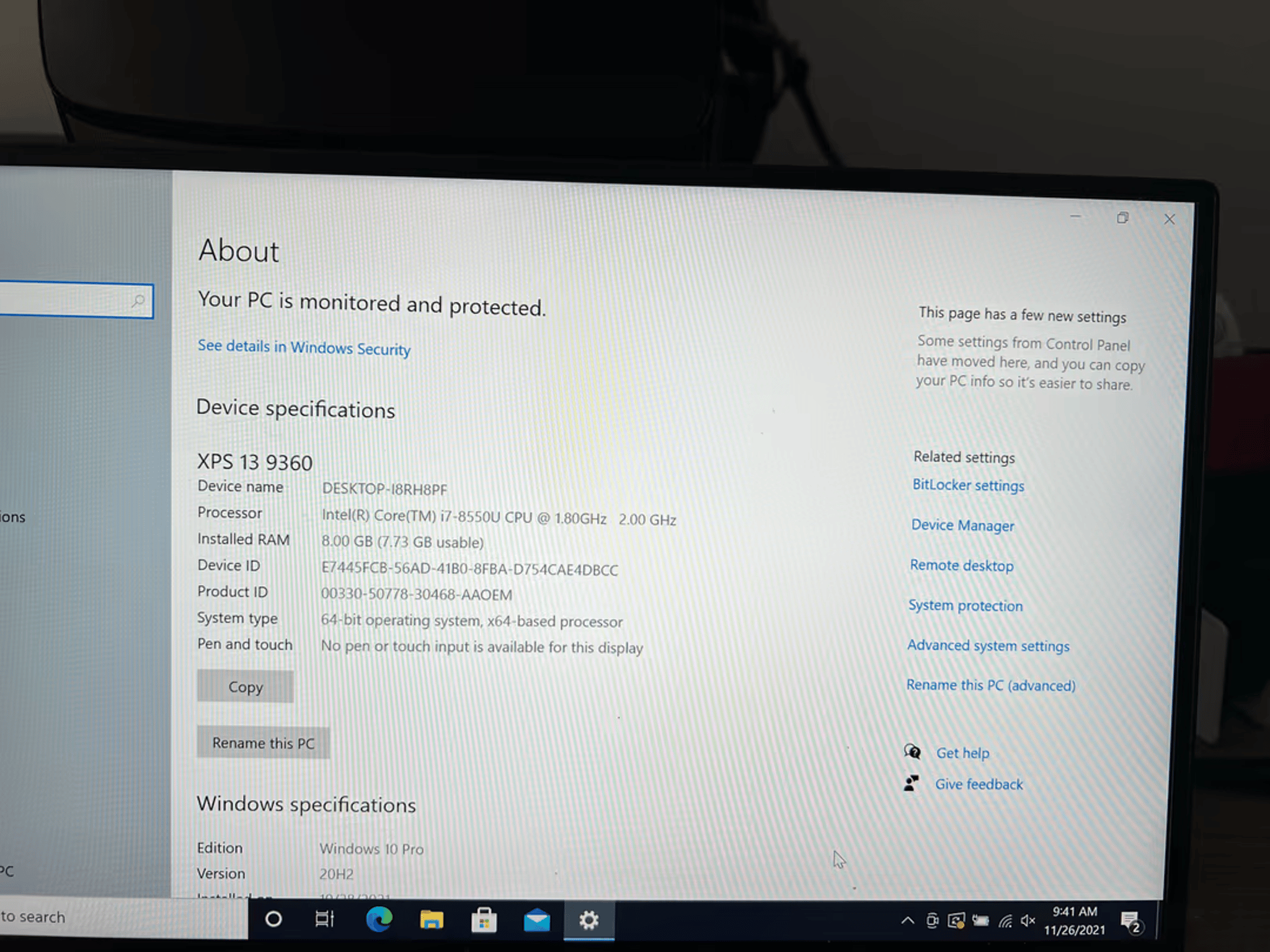 Dell XPS 13 9360: i5-8550U, 8GB RAM, 256GB Samsung NVME