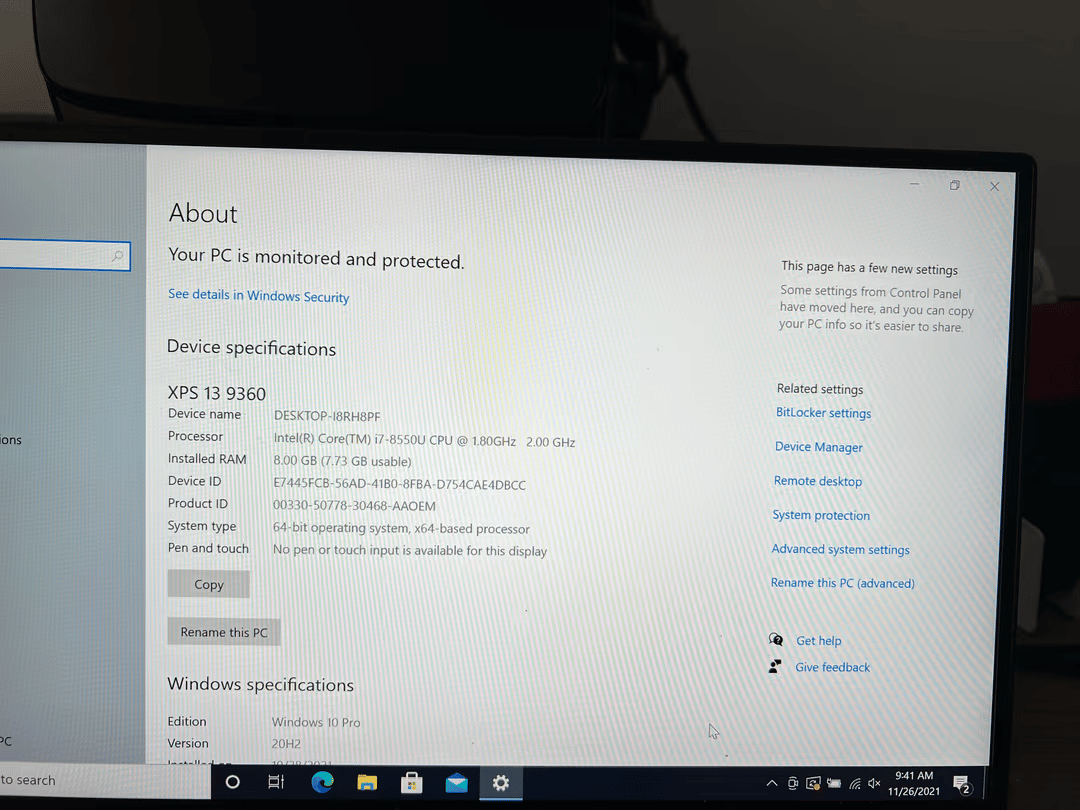 Dell XPS 13 9360: i5-8550U, 8GB RAM, 256GB Samsung NVME