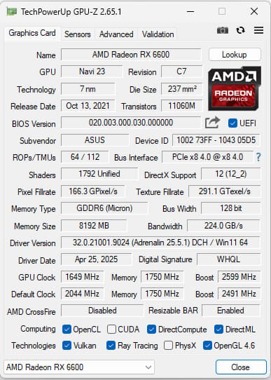 ASUS Radeon RX 6600 8GB (NON XT)
