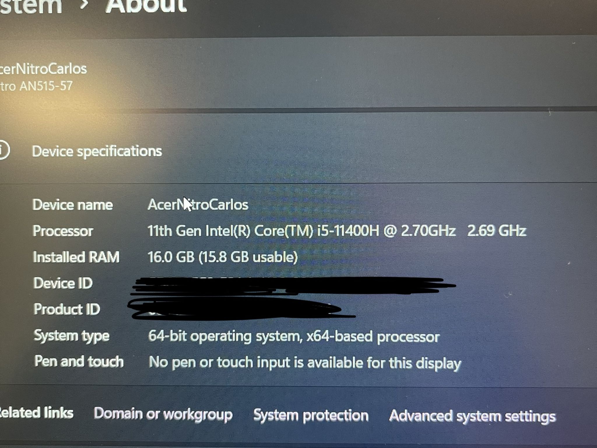 Acer Nitro 5 RTX 3060 i5-11400H @2.7GHZ 144hz Windows 11