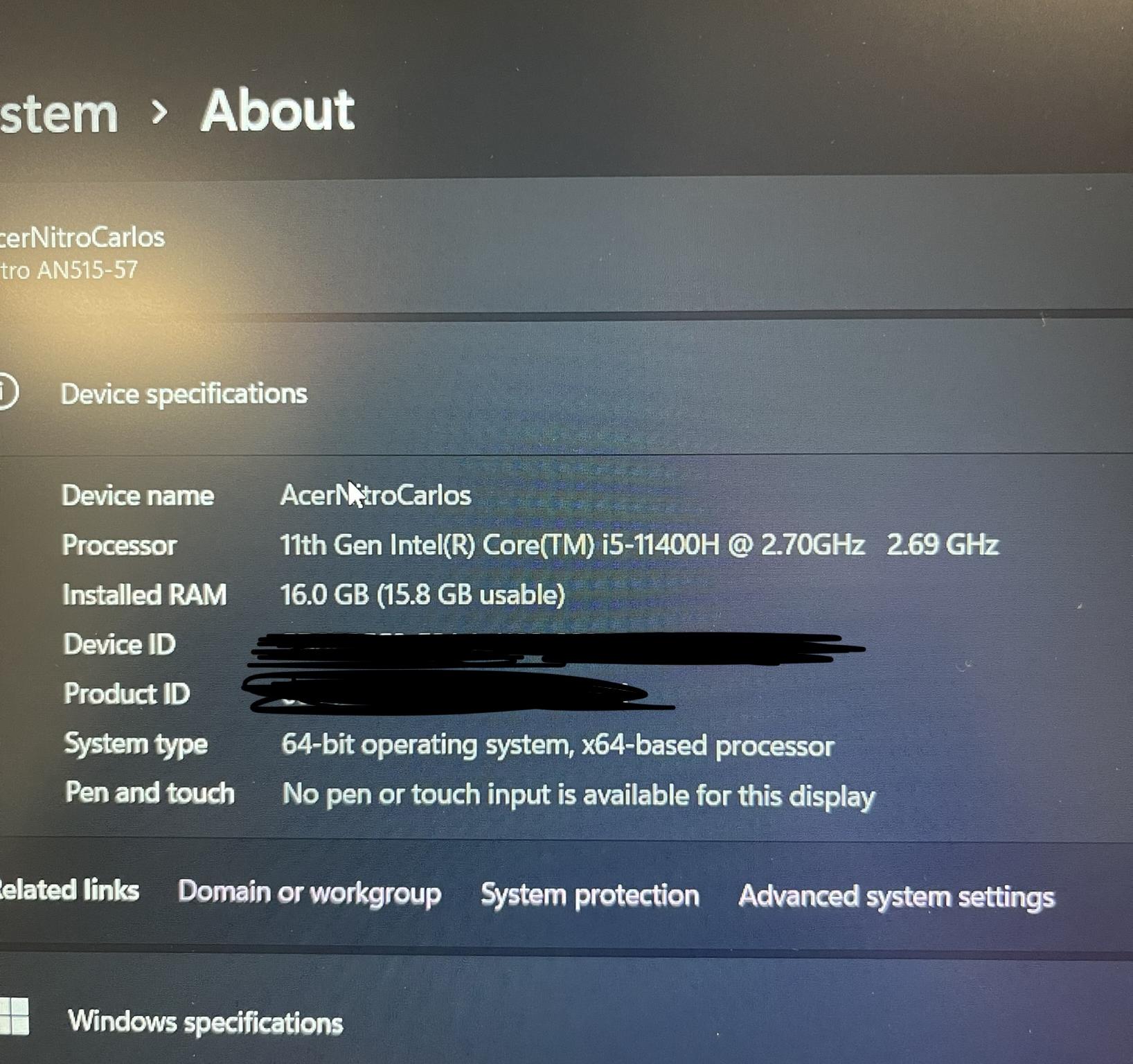 Acer Nitro 5 RTX 3060 i5-11400H @2.7GHZ 144hz Windows 11