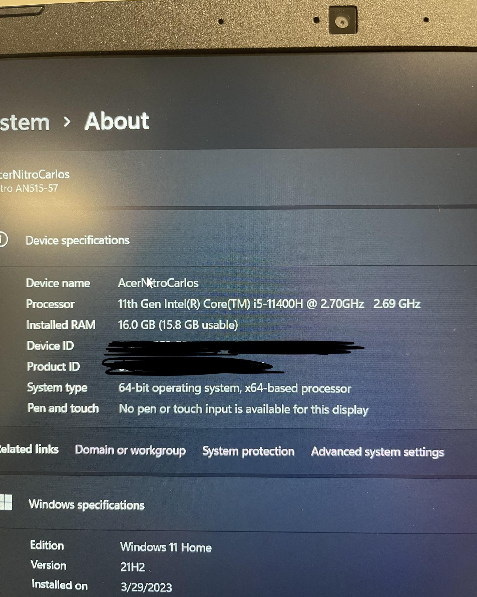 Acer Nitro 5 RTX 3060 i5-11400H @2.7GHZ 144hz Windows 11