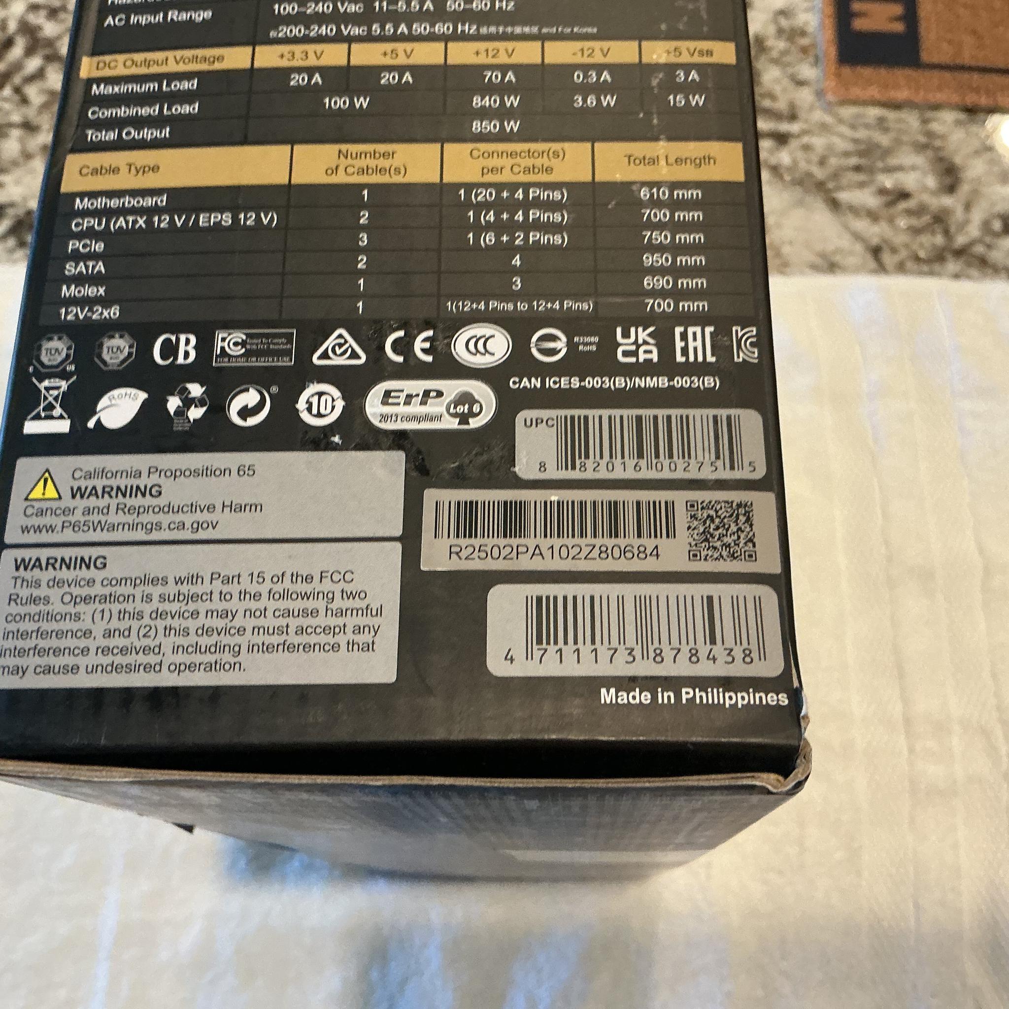 New Open Box Seasonic Focus GX-850 Power Supply ATX 3.1 PCIe 5.1 (12V-2x6) 10 Year Warranty