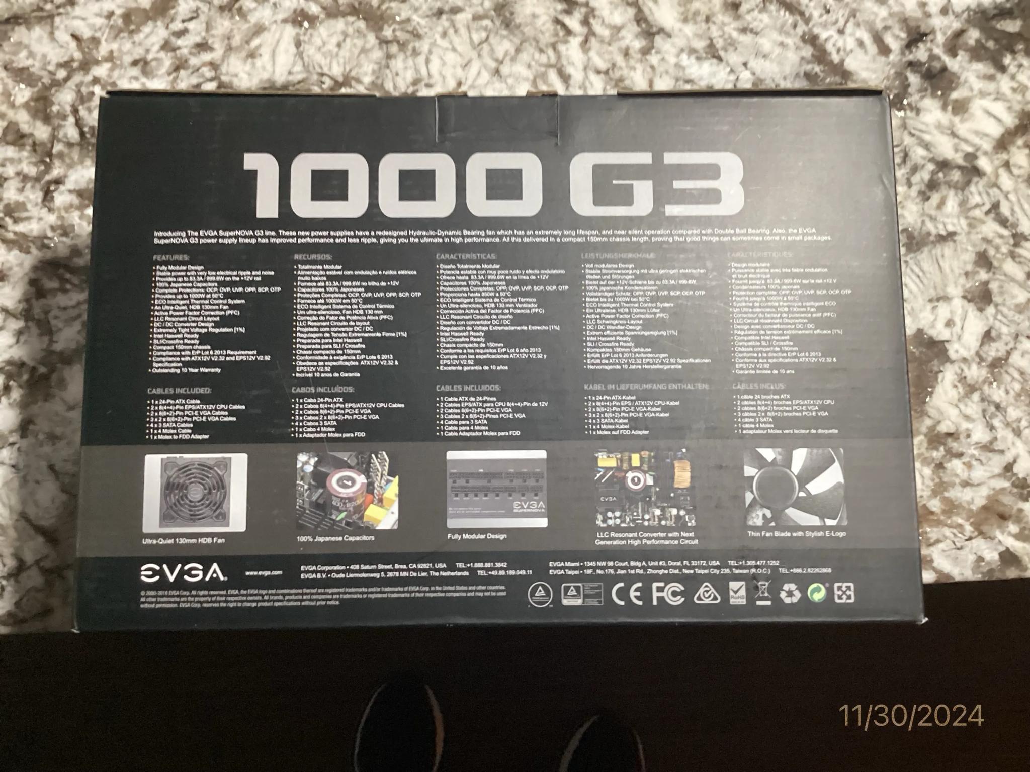 ++ NEW ++ EVGA SuperNOVA 1000 G3 80 Plus Gold 1000 watt Fully Modular Power Supply - Black