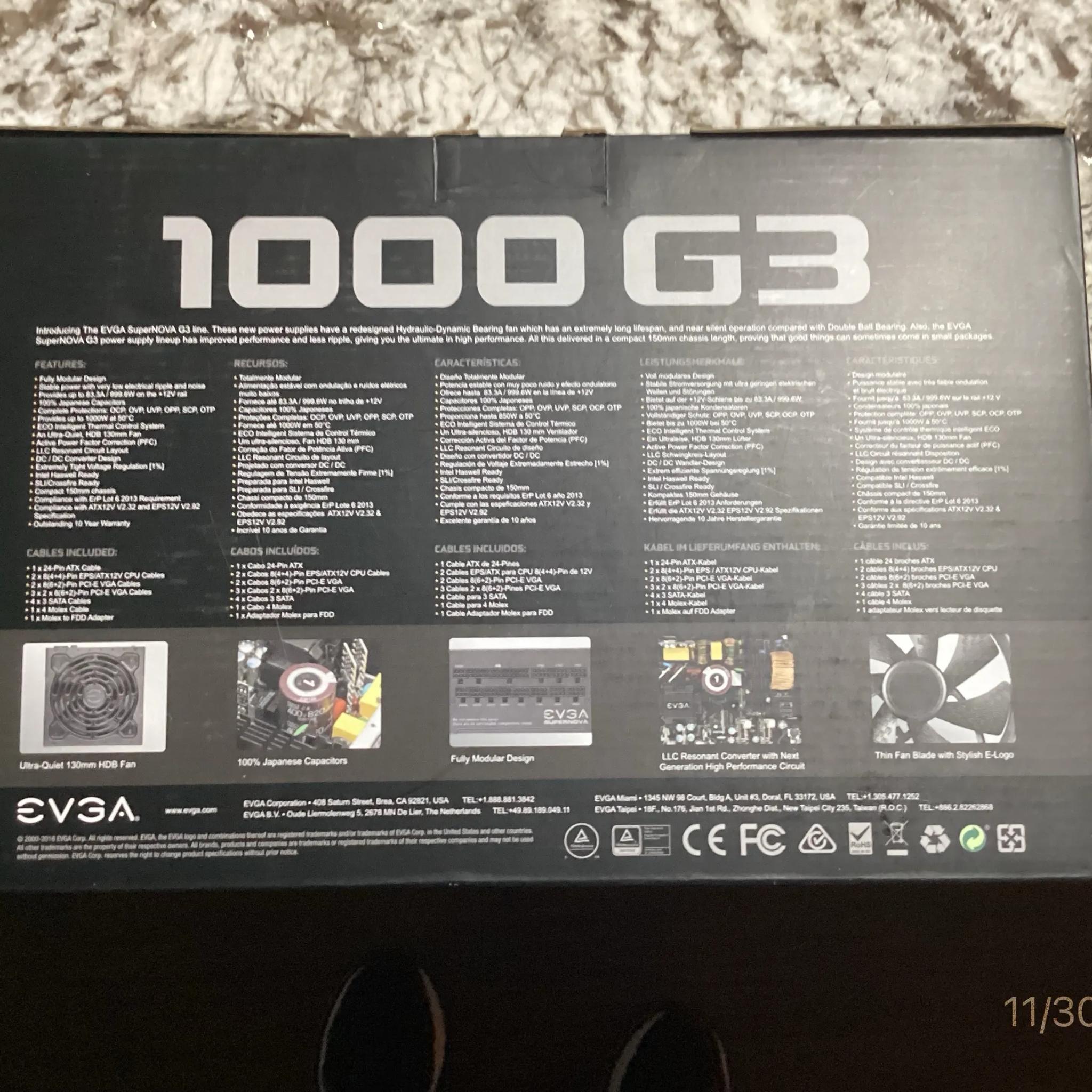 ++ NEW ++ EVGA SuperNOVA 1000 G3 80 Plus Gold 1000 watt Fully Modular Power Supply - Black