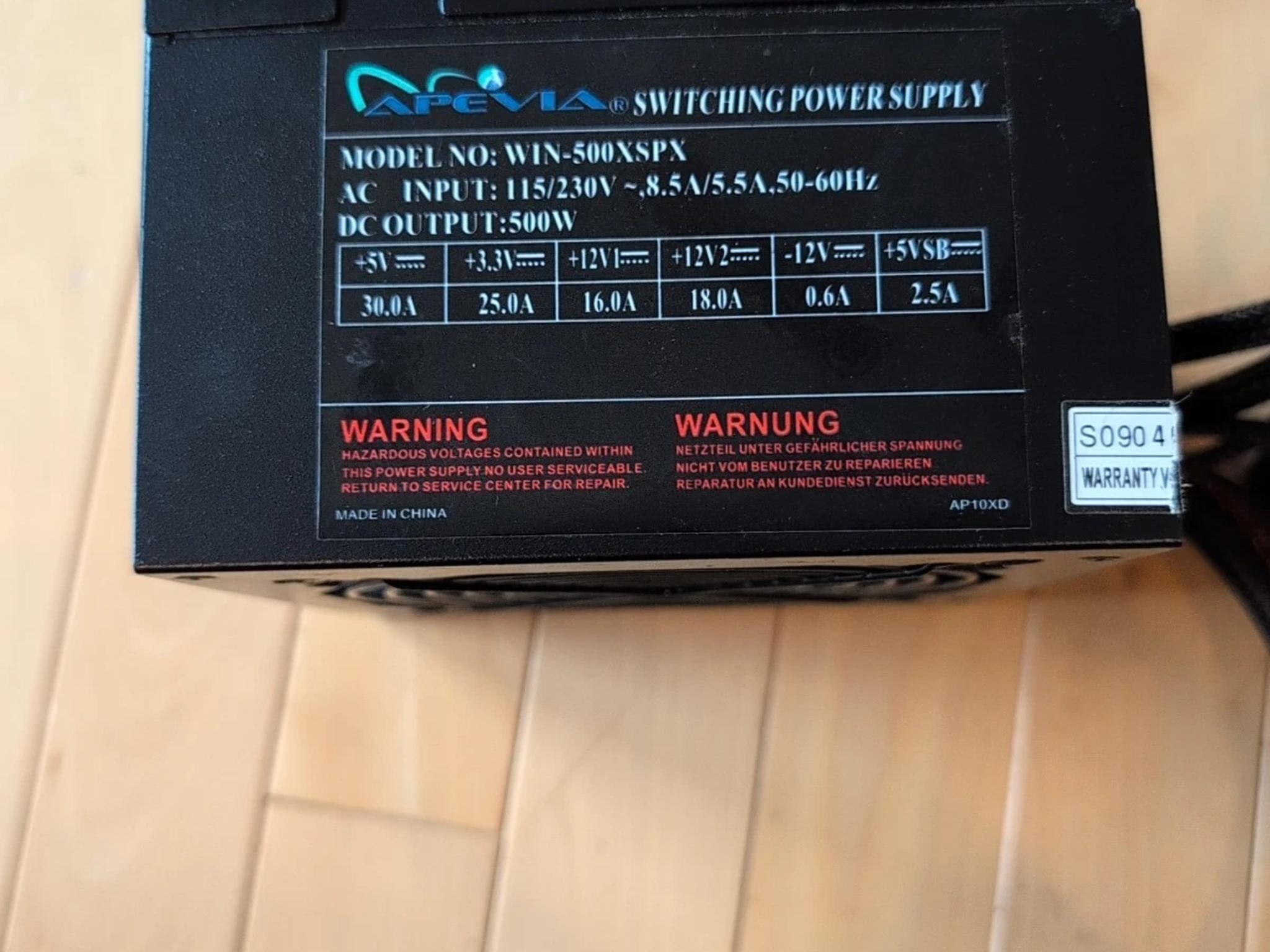 Apevia Desktop Computer 20+4 24 ATX 500 Watt PSU Power Supply