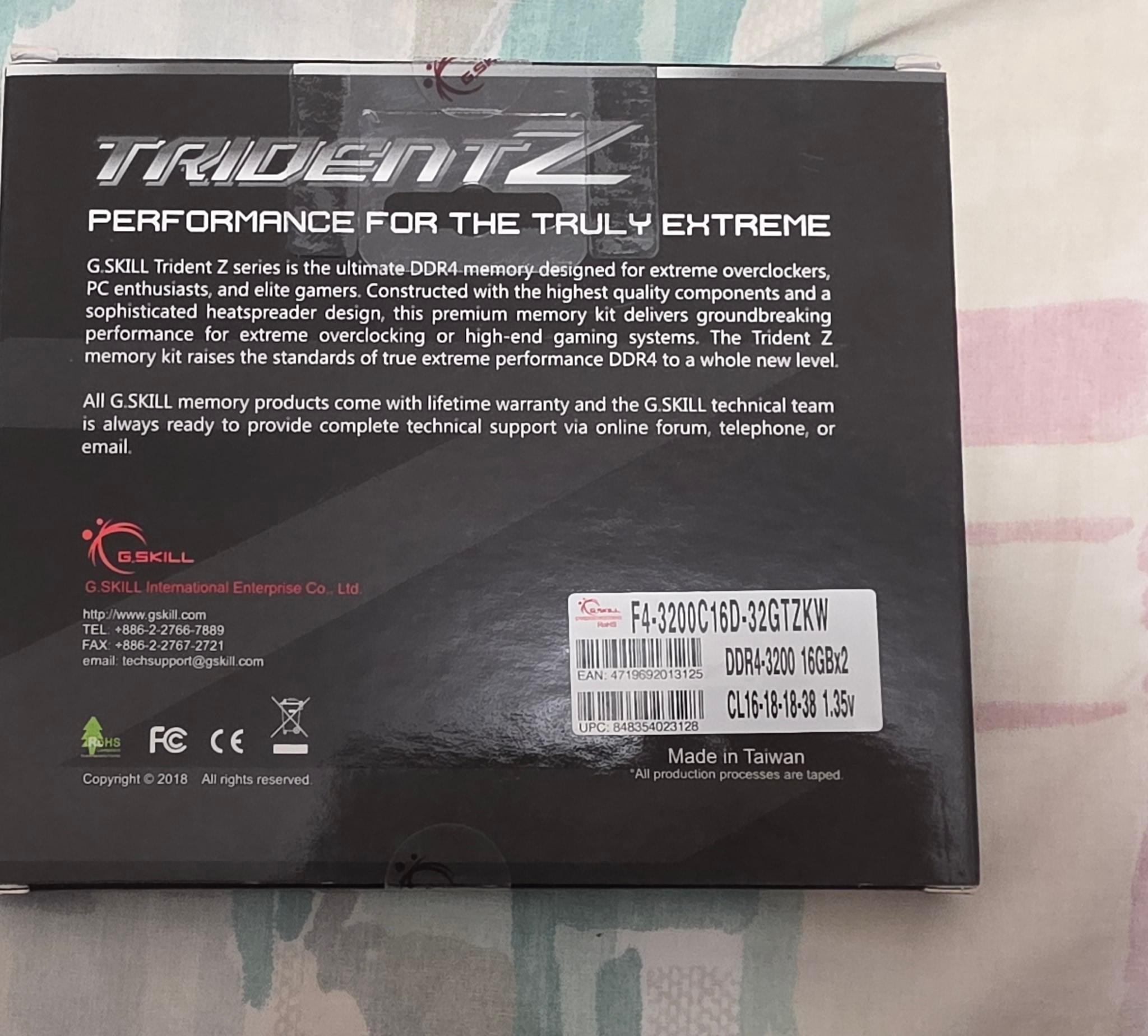 G.Skill Trident Z 32GB(16GBx2) DDR4-3200 CL16-18-18-38 1.35V F4-3200C16D-32GTZKW