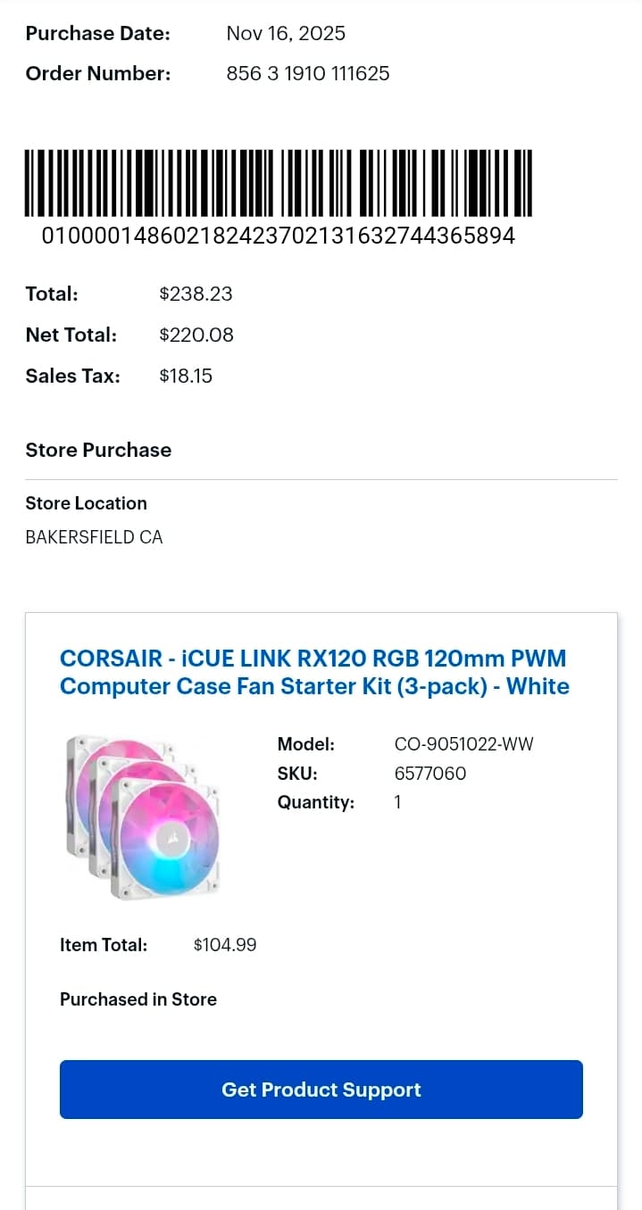 Corsair iCUE LINK RX120 RGB White 3-Pack Starter Kit W/ Hub Box Receipt