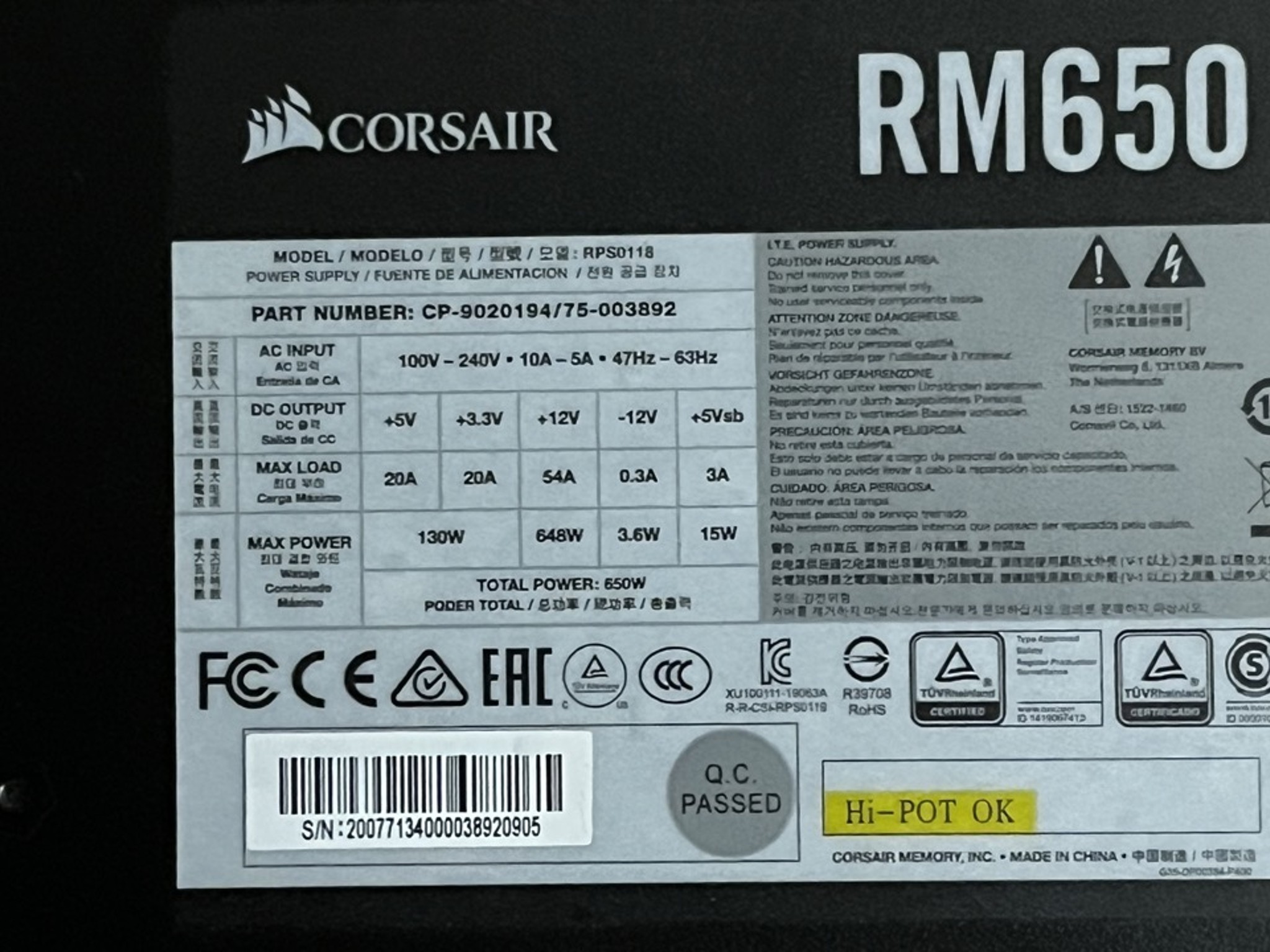 Corsair RM 650 W 80+ Gold Certified Fully Modular ATX Power Supply