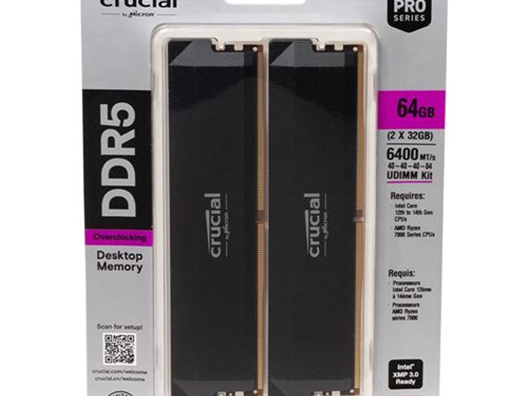 NEW! 64GB 2x32GB Crucial Pro DDR5-6400 CL40 Memory Kit Black