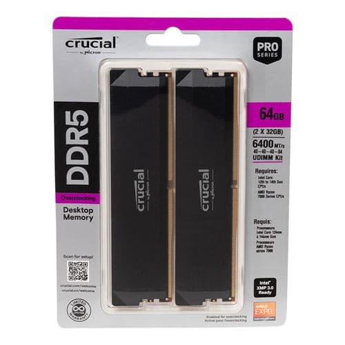 NEW! 64GB 2x32GB Crucial Pro DDR5-6400 CL40 Memory Kit Black