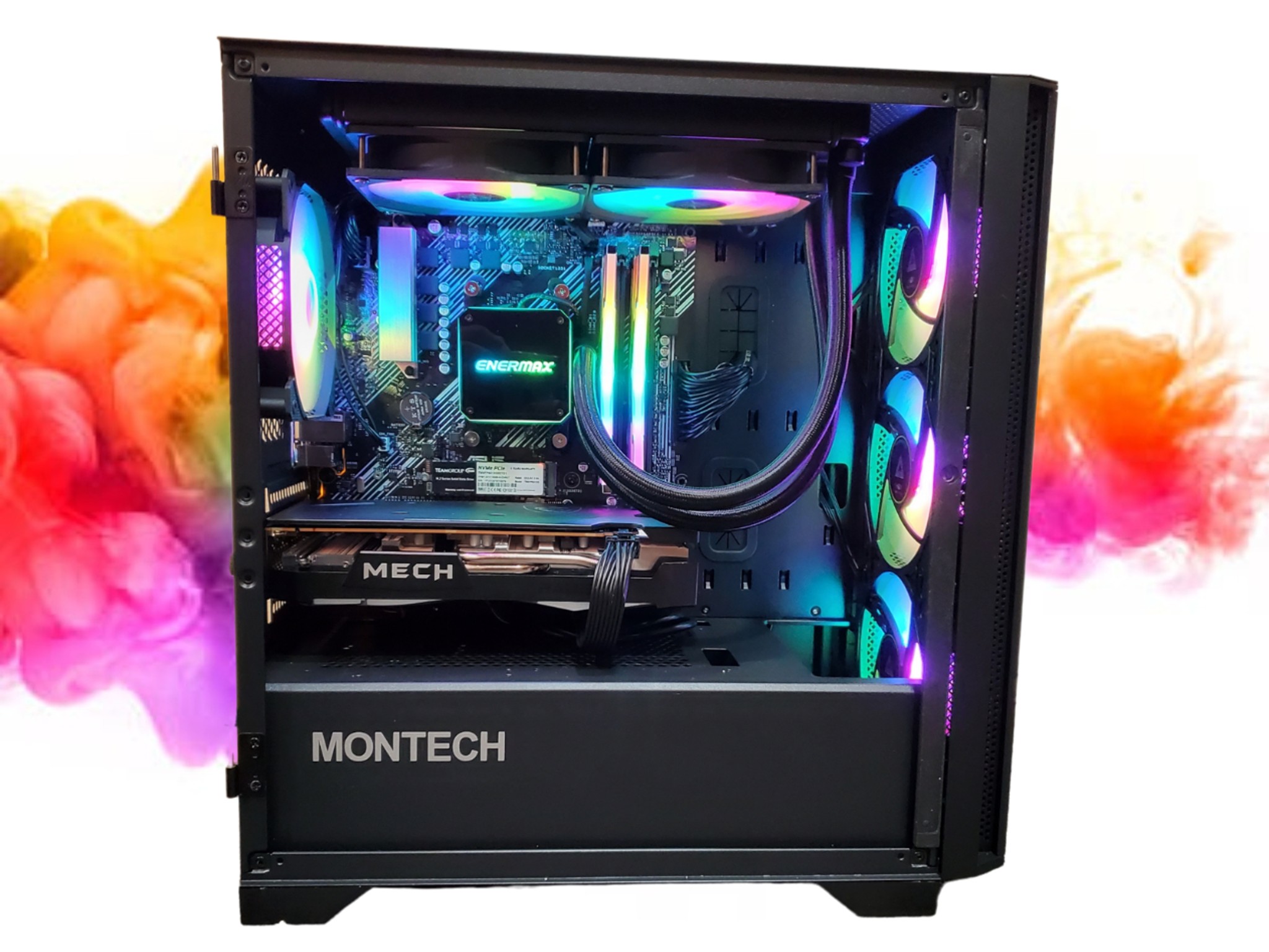 Watercooled: RX 6600 + Ryzen 7 + 16GB RGB RAM + 512GB SSD, 6 RGB Fans ( Black Gaming PC )