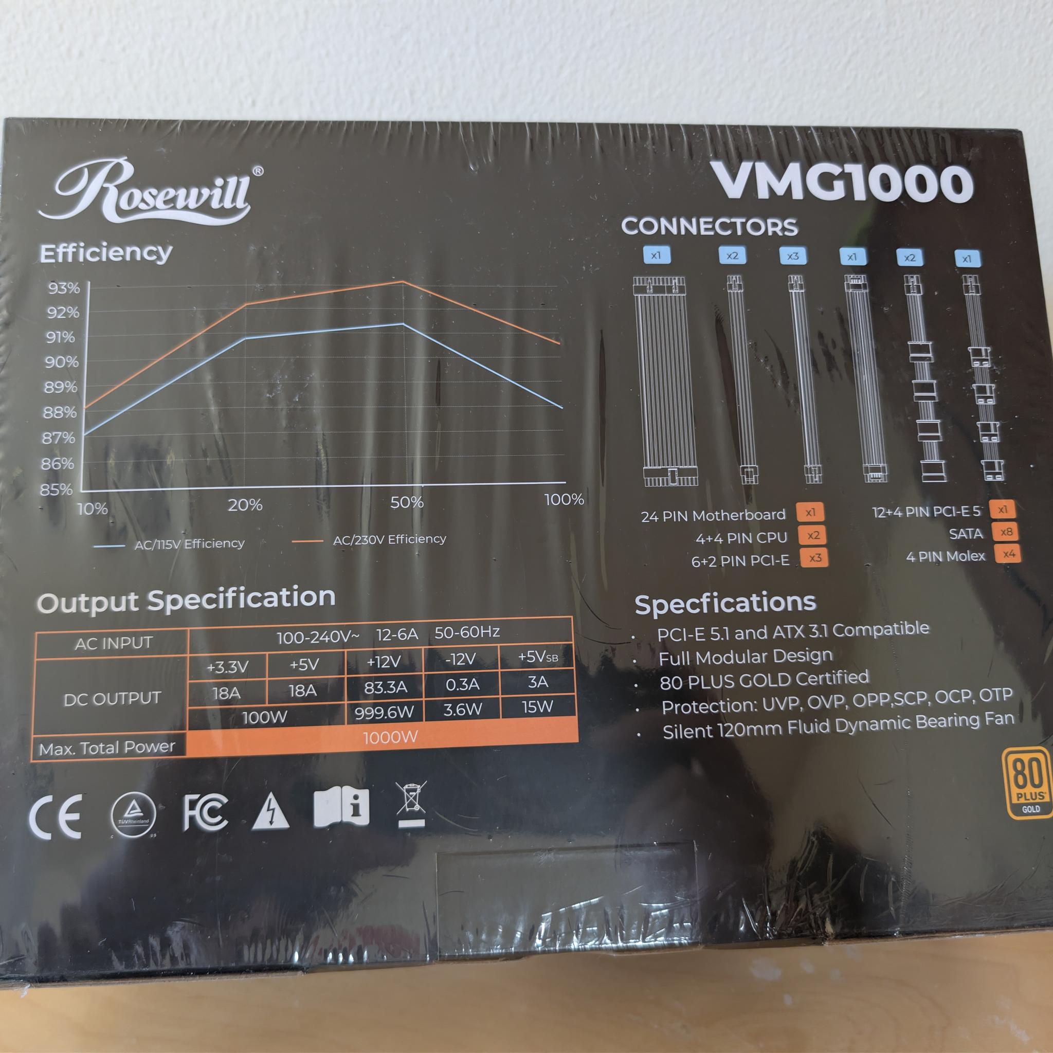 Rosewill VMG1000 1000W 80+ Gold Fully Modular ATX 3.1 PCIe 5.1 PSU - Brand New Sealed