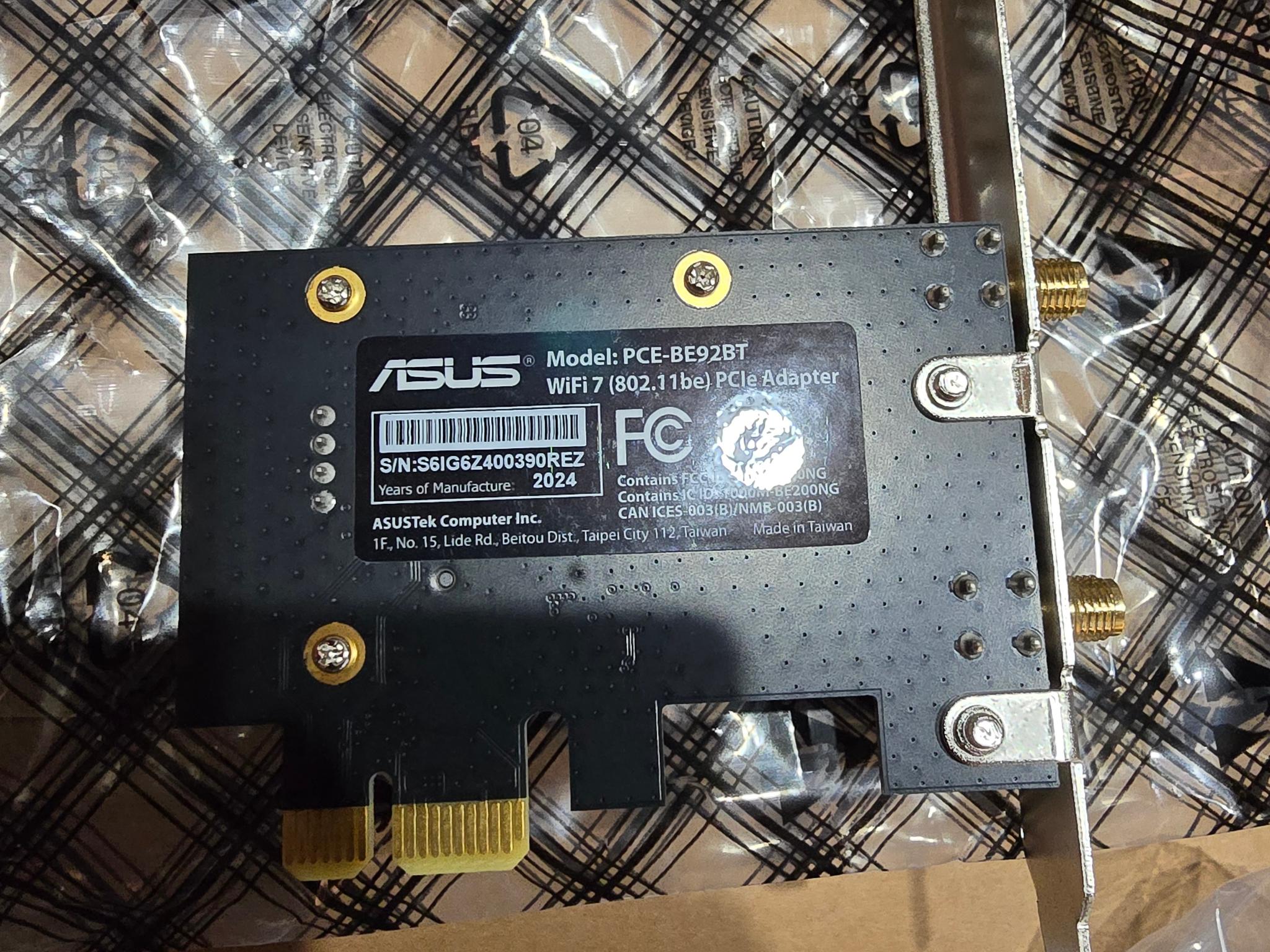 ASUS PCE-BE92BT WiFi 7 PCI-E Adapter 6GHz 320MHz Bluetooth 5.4 WPA3 Network Security OFDMA MU-MIMO