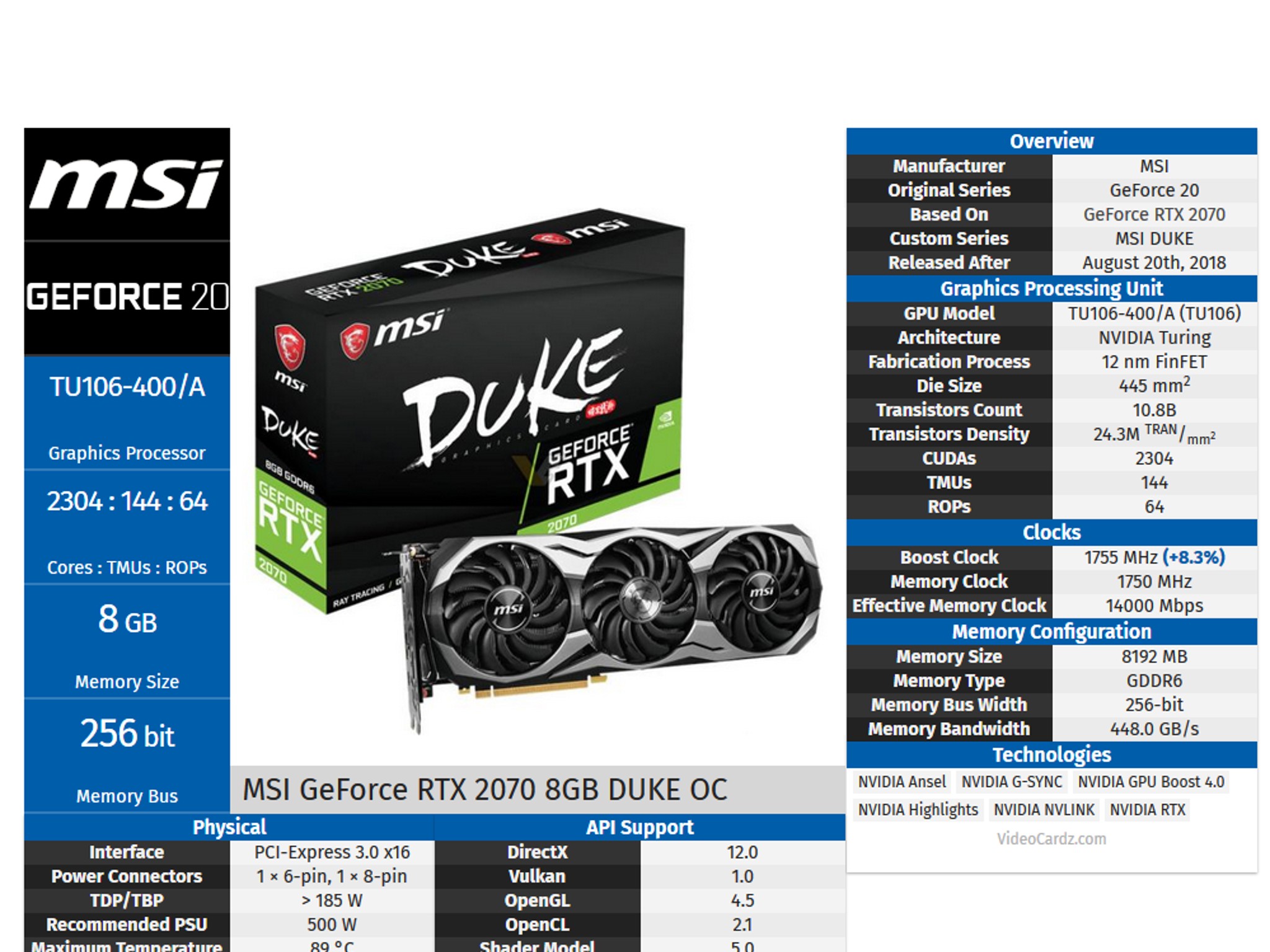 MSI GeForce RTX 2700 DUKE 8G OC 256-Bit GDDR6 PCI Express 3.0 x16 HDCP Ready Video Card