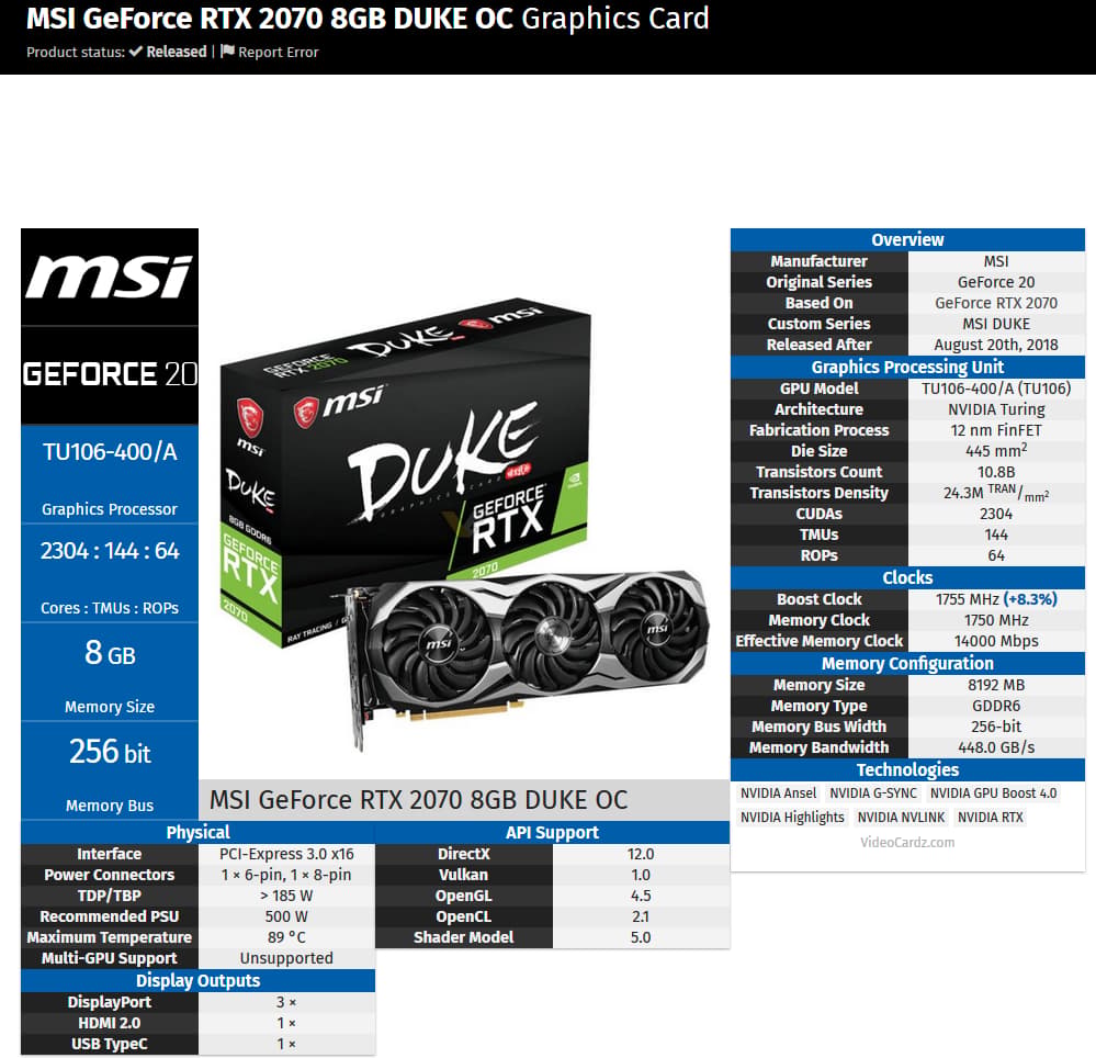MSI GeForce RTX 2700 DUKE 8G OC 256-Bit GDDR6 PCI Express 3.0 x16 HDCP Ready Video Card