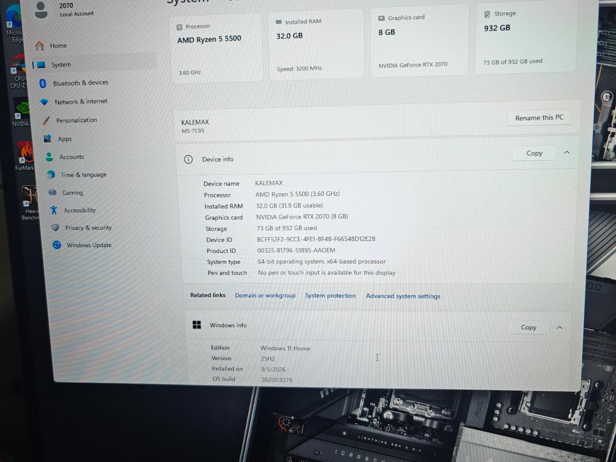 AMD RYZEN 5 5500|NVIDIA RTX 2070 8GB|32GB DDR4 3200|1TB NVME SSD|WINDOWS 11 HOME ACTIVE
