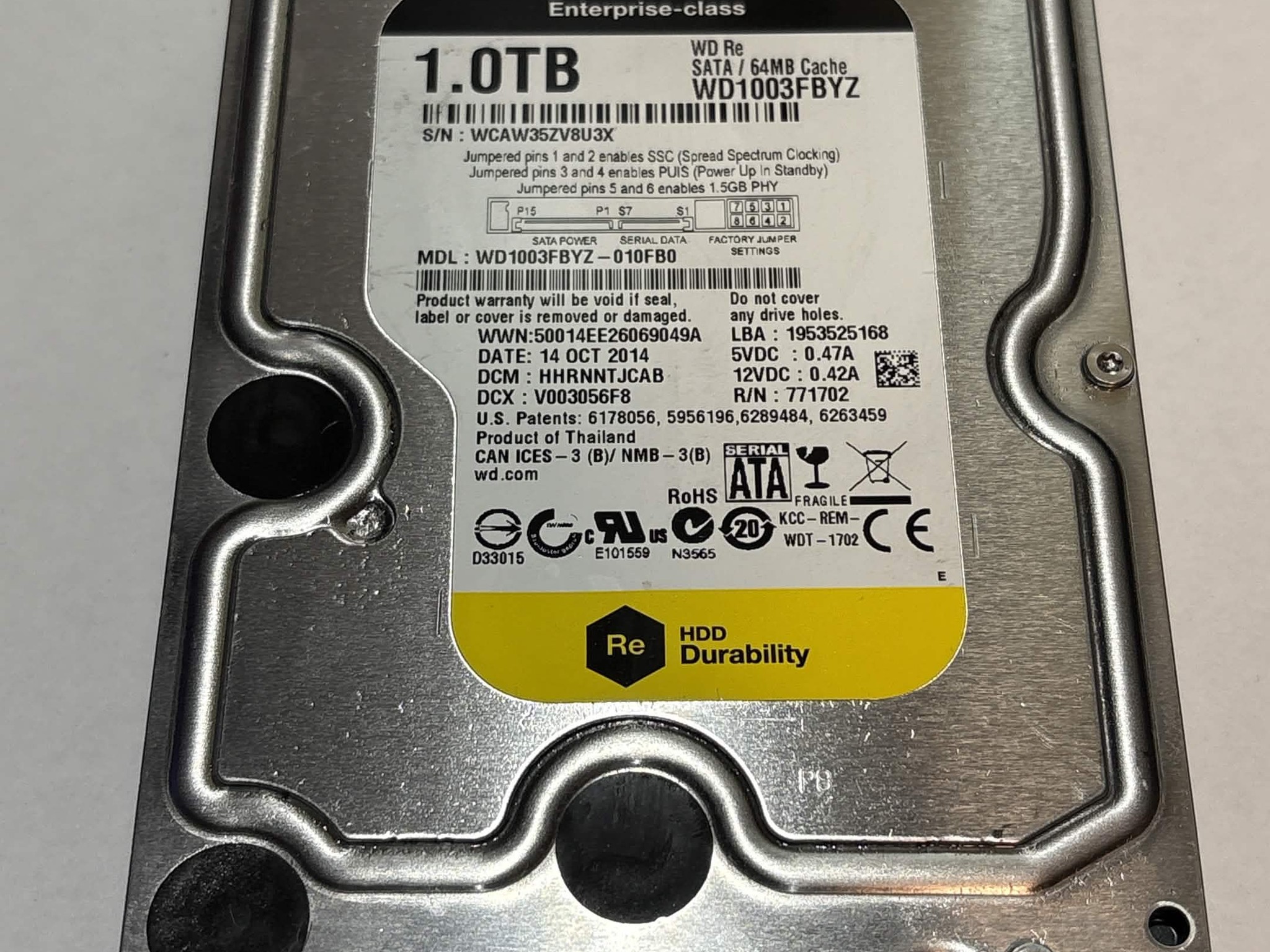 WD Re 1TB Enterprise HDD – 7200RPM 64MB Cache SATA – WD1003FBYZ – Good SMART
