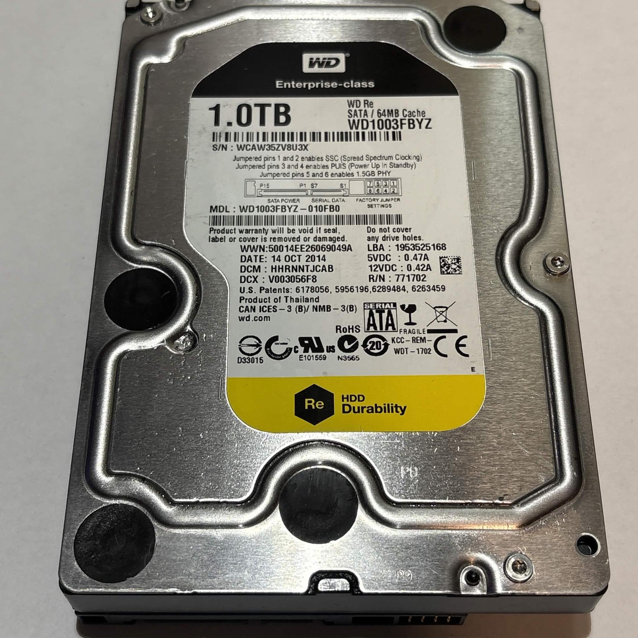WD Re 1TB Enterprise HDD – 7200RPM 64MB Cache SATA – WD1003FBYZ – Good SMART