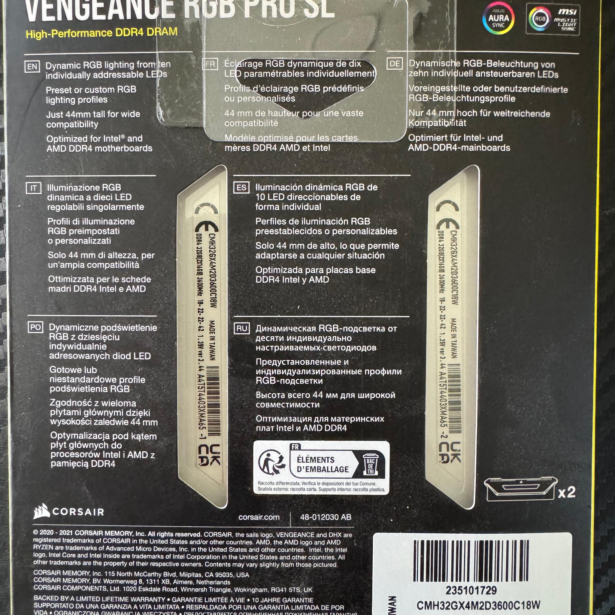 CORSAIR VENGEANCE RGB PRO SL 32GB DDR4 3600MHz C18 UDIMM Desktop Memory - Thumbnail 5