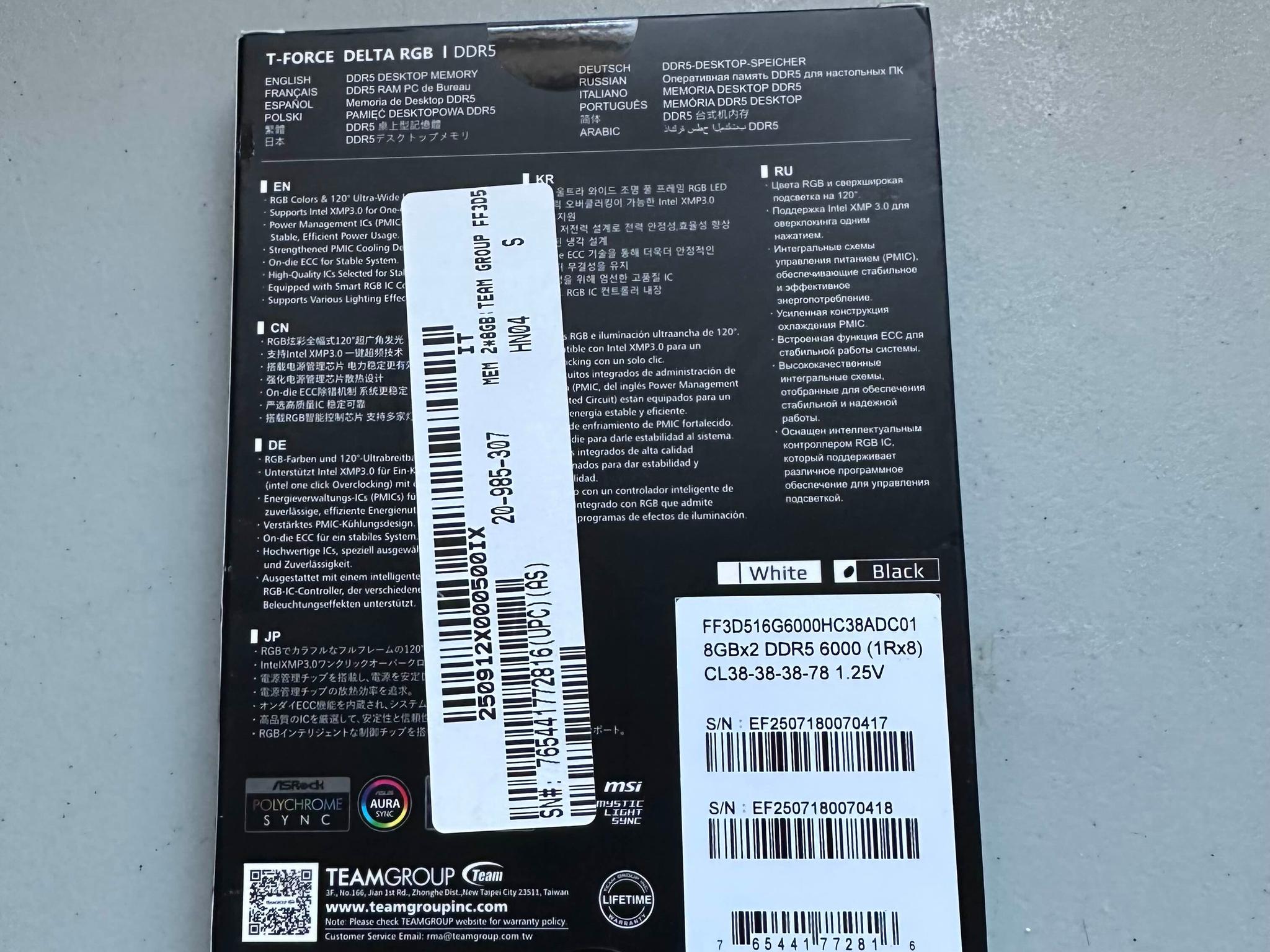Team Group Black+RBG 16GB (2 x 8GB) 288-Pin PC RAM DDR5 6000