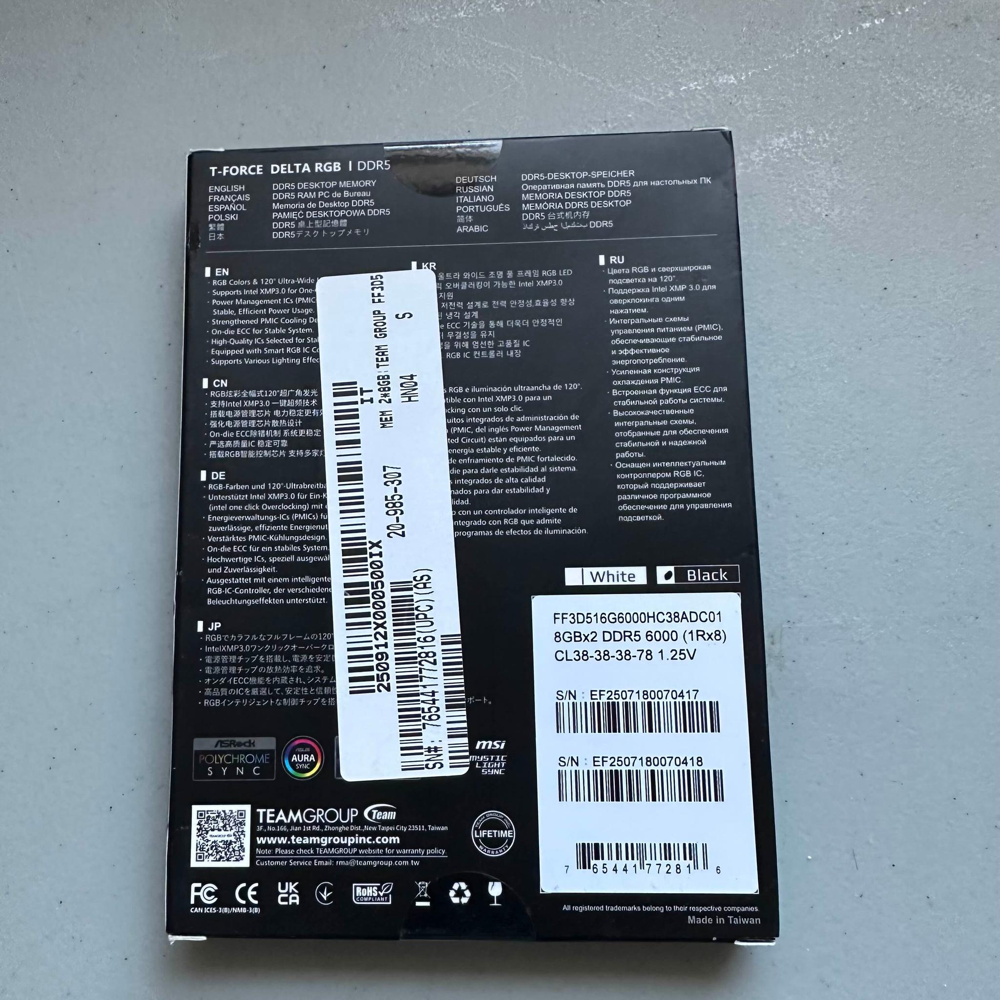 Team Group Black+RBG 16GB (2 x 8GB) 288-Pin PC RAM DDR5 6000