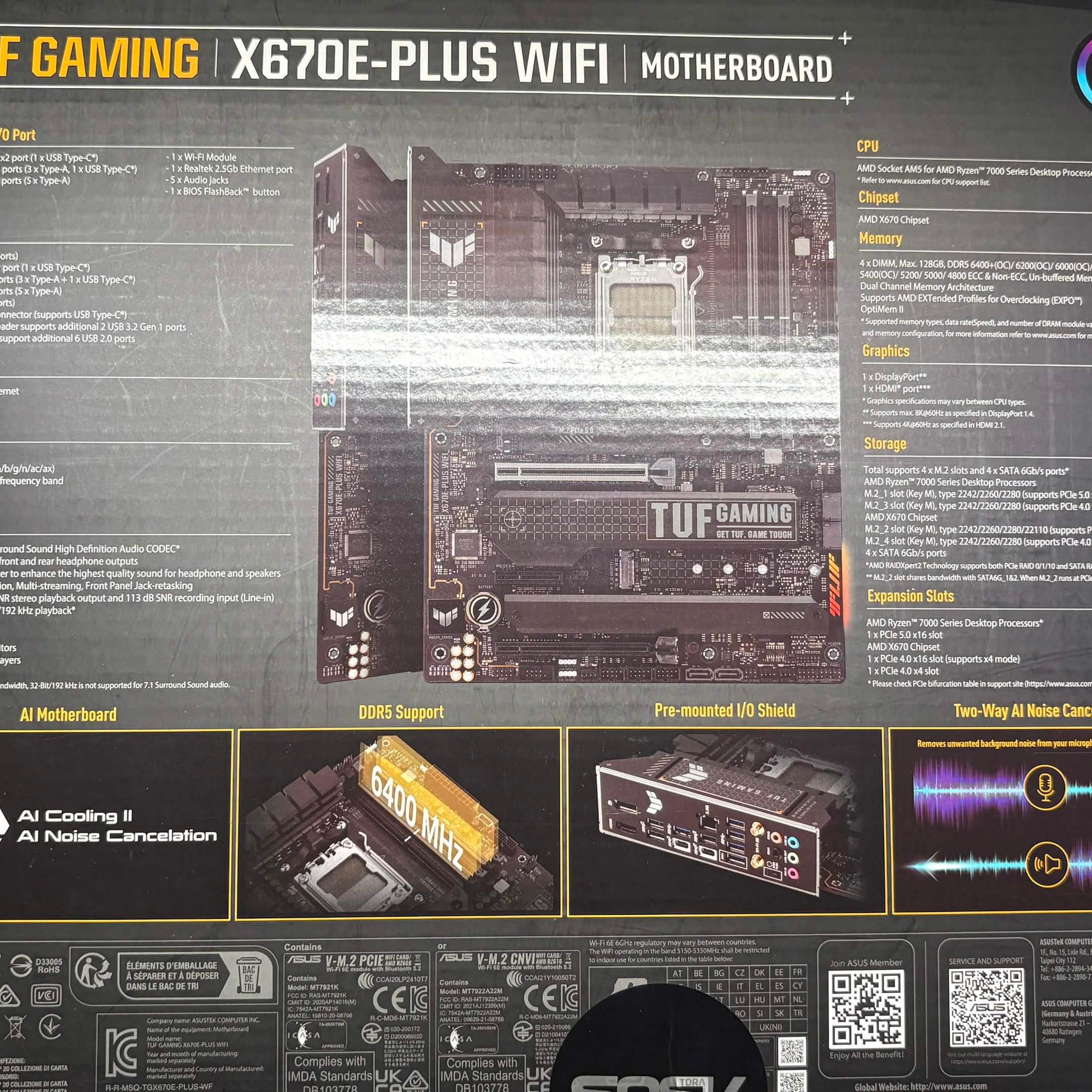 ASUS TUF GAMING X670E-PLUS WIFI ATX AM5 MOTHERBOARD - BOX & SHOWN CABLES INCLUDED - RECENT BIOS