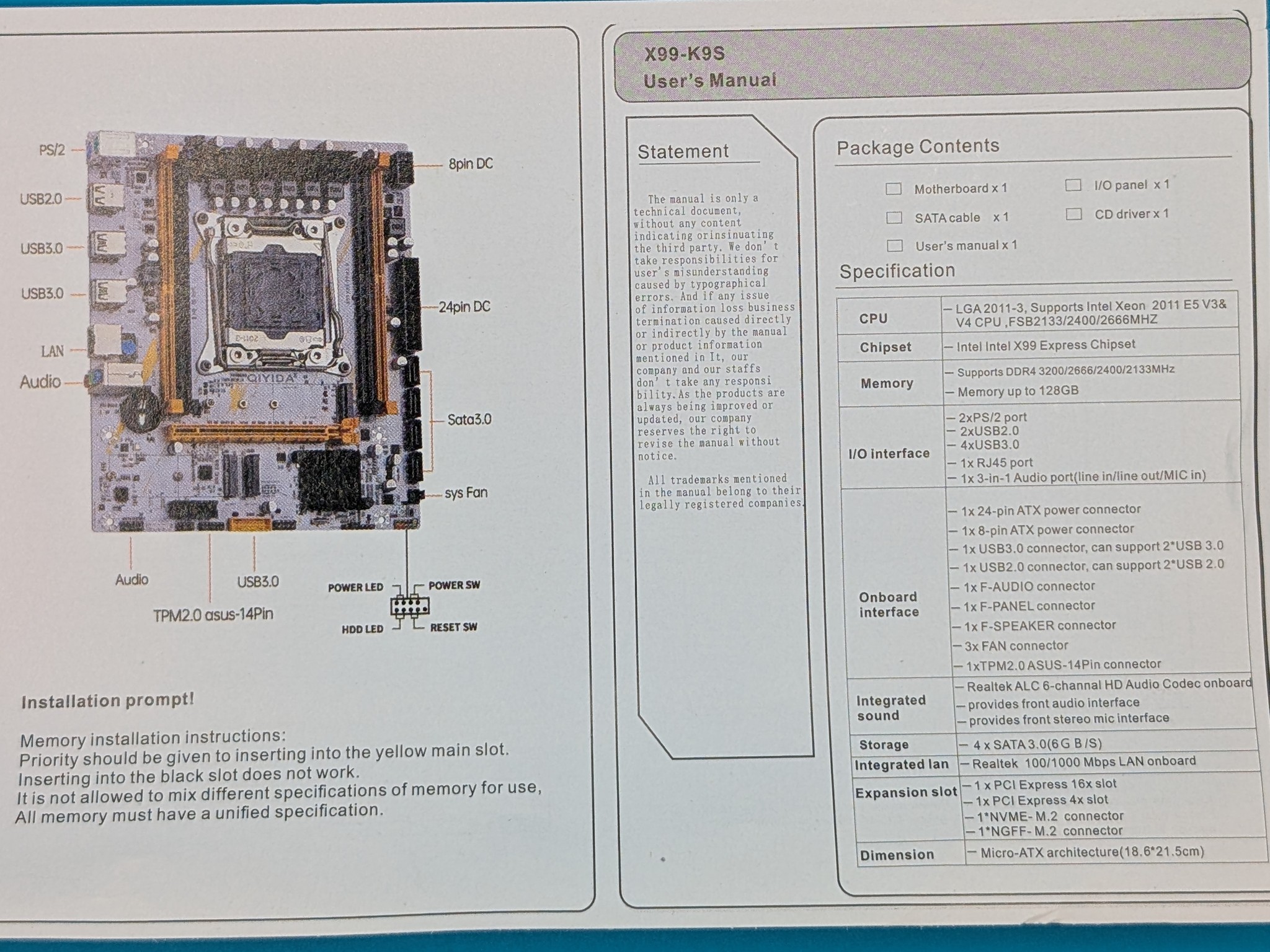 QIYIDA X99 Motherboard with Intel Xeon E5-2660 V3 CPU + CPU Cooler