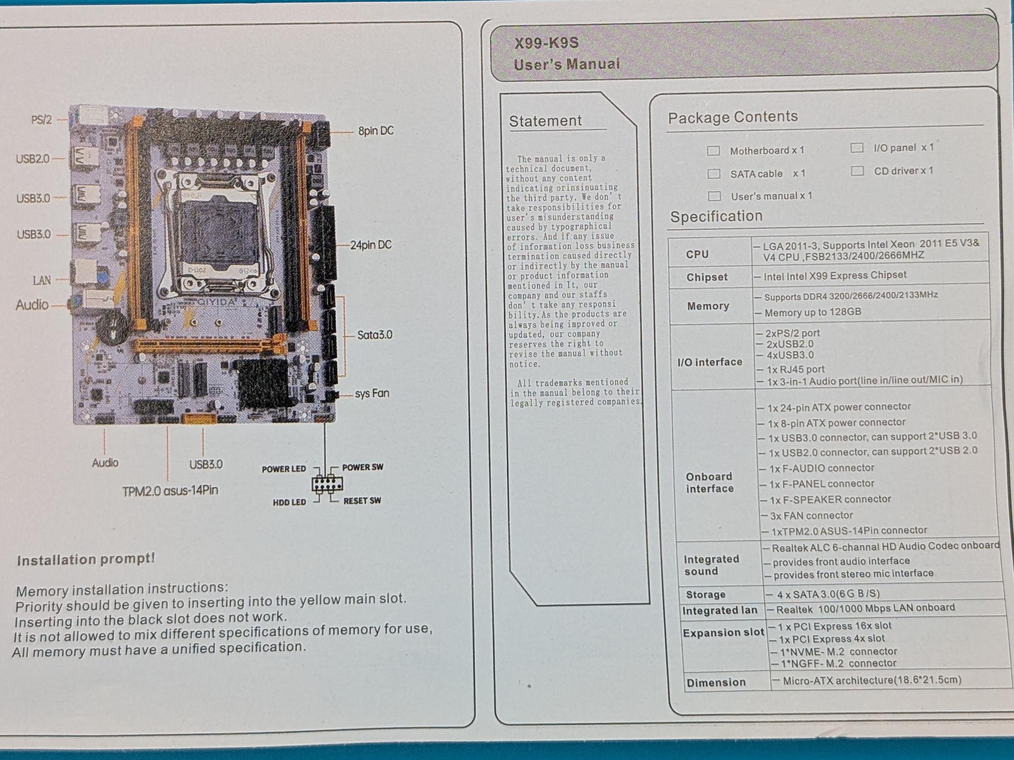 QIYIDA X99 Motherboard with Intel Xeon E5-2660 V3 CPU + CPU Cooler