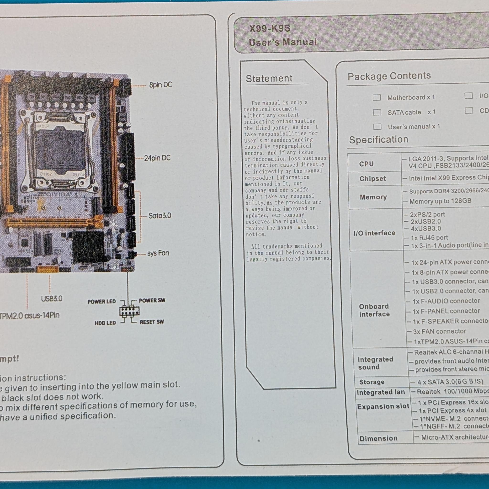 QIYIDA X99 Motherboard with Intel Xeon E5-2660 V3 CPU + CPU Cooler