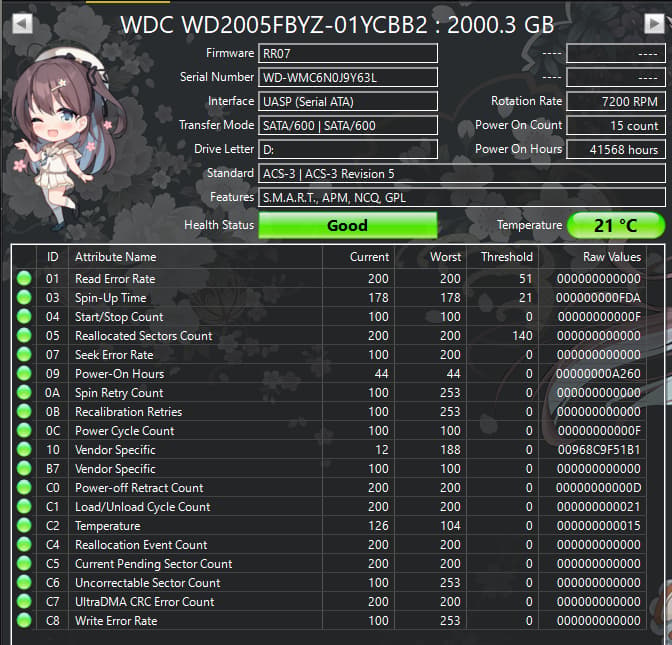 WD Gold 2TB Datacenter HDD – 7200RPM SATA – WD2005FBYZ – Good SMART