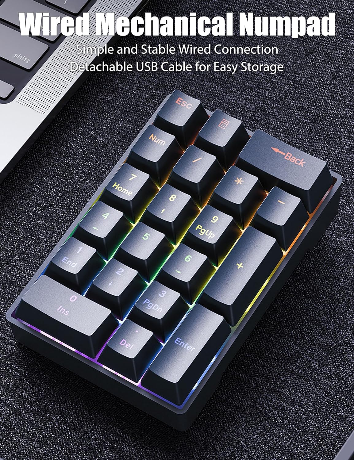 DAGK Wired Mechanical Number Pad Rainbow LED Backlit 20-Key Number Pad- Black